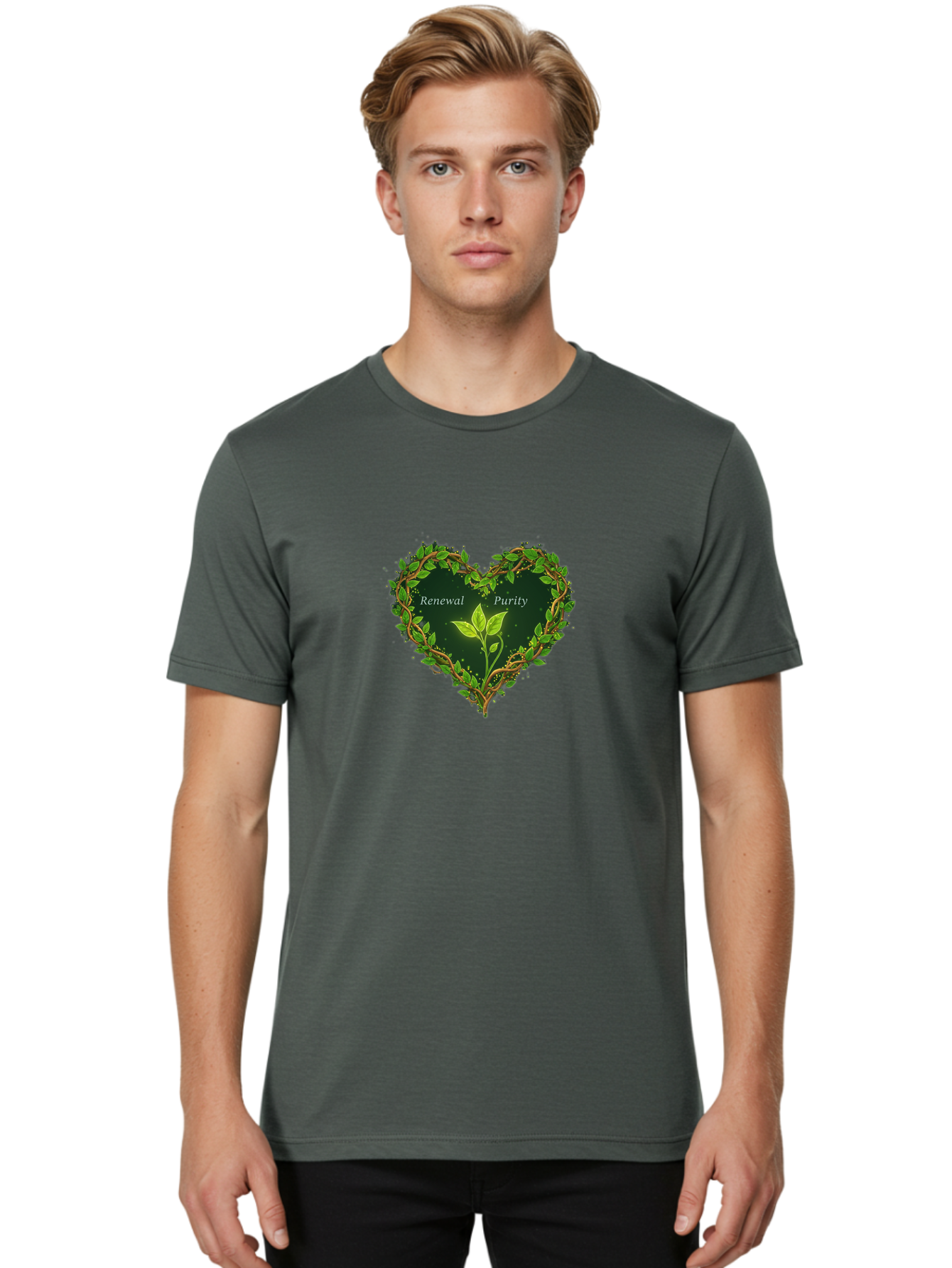 Renewal-Purity Men'S Graphic Tee, 100% Cotton, Comfortable Casual Summer Wear, Machine Washable, Heart Shape, Leaves And Vines, Renewal And Purity, Green Leaves, Natural Elements, Symbolic Heart, Spiritual Growth, Healthy Living Bae256