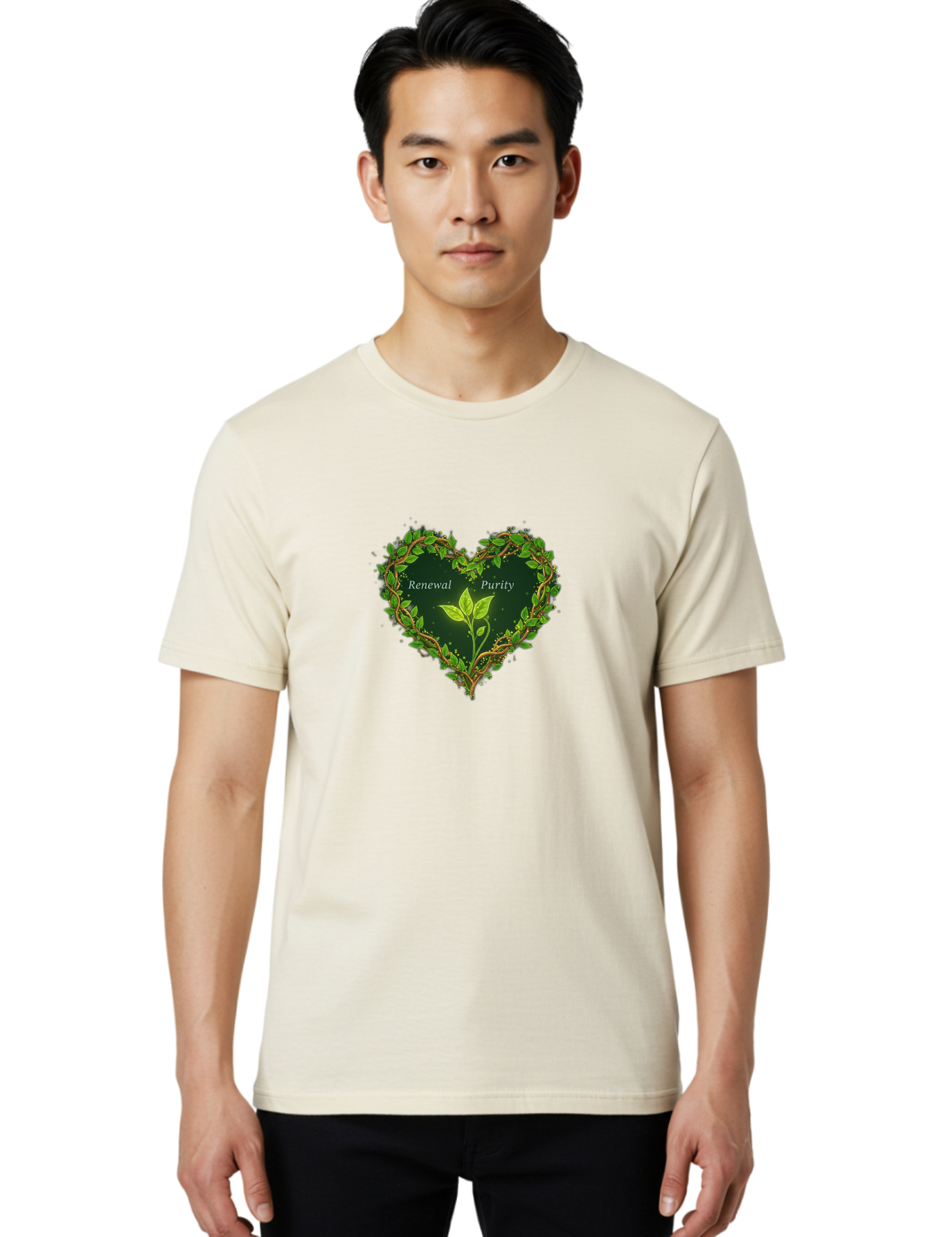 Renewal-Purity Men'S Graphic Tee, 100% Cotton, Comfortable Casual Summer Wear, Machine Washable, Heart Shape, Leaves And Vines, Renewal And Purity, Green Leaves, Natural Elements, Symbolic Heart, Spiritual Growth, Healthy Living Bae256