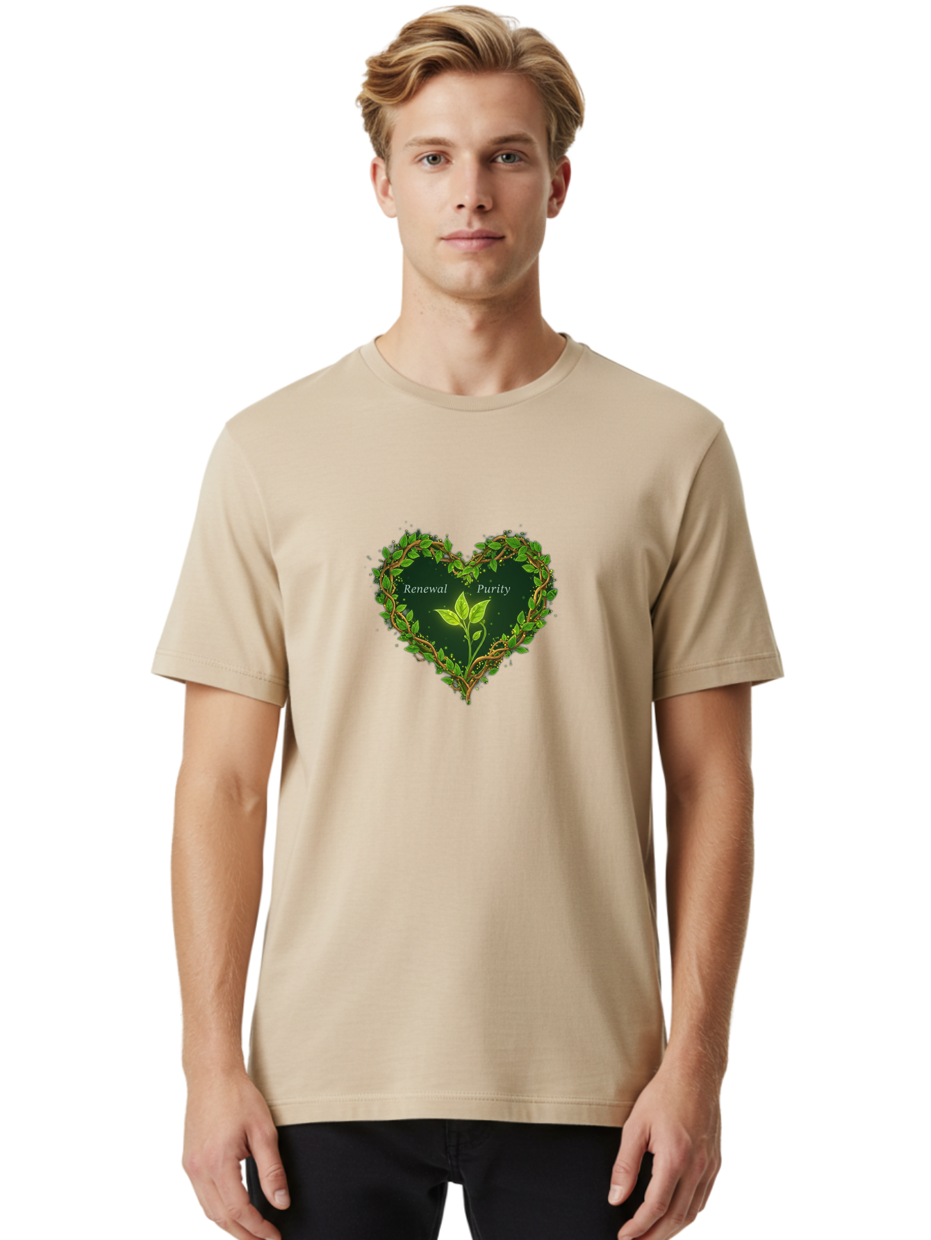 Renewal-Purity Men'S Graphic Tee, 100% Cotton, Comfortable Casual Summer Wear, Machine Washable, Heart Shape, Leaves And Vines, Renewal And Purity, Green Leaves, Natural Elements, Symbolic Heart, Spiritual Growth, Healthy Living Bae256