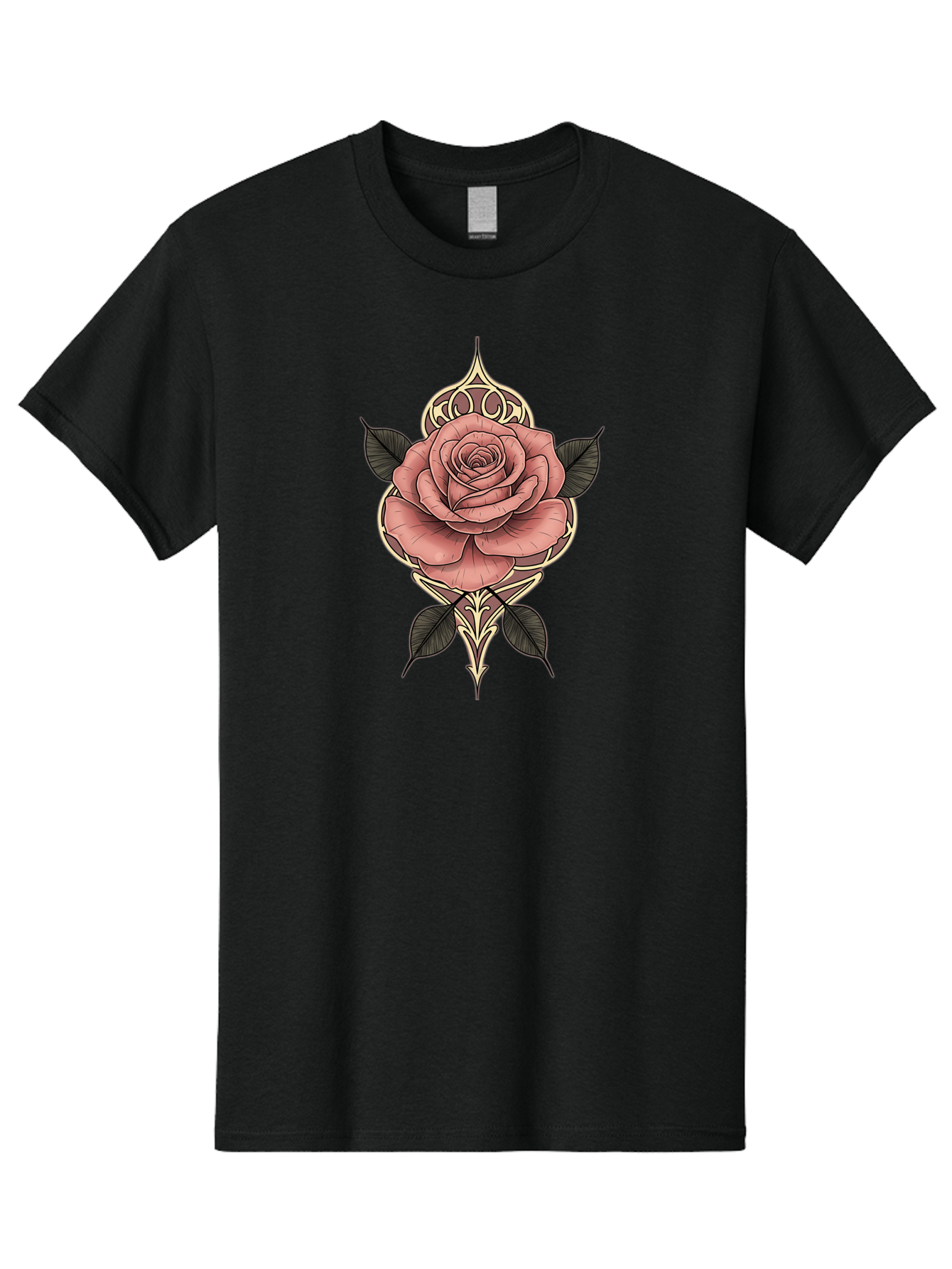 Rose-Illustration Men'S Graphic Tee, 100% Cotton, Comfortable Casual Summer Wear, Machine Washable, Stylized Rose Illustration, Decorative Floral Design, Pink Rose, Black Leaves, Intricate Line Art, Ornate Details, Body Art Inspiration, Bae258