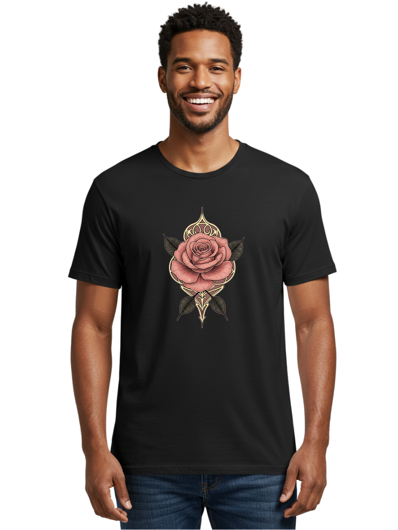 Rose-Illustration Men'S Graphic Tee, 100% Cotton, Comfortable Casual Summer Wear, Machine Washable, Stylized Rose Illustration, Decorative Floral Design, Pink Rose, Black Leaves, Intricate Line Art, Ornate Details, Body Art Inspiration, Bae258