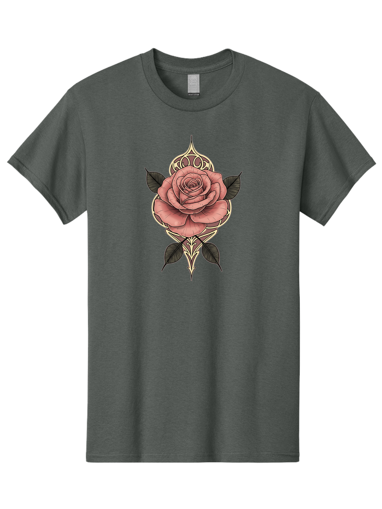 Rose-Illustration Men'S Graphic Tee, 100% Cotton, Comfortable Casual Summer Wear, Machine Washable, Stylized Rose Illustration, Decorative Floral Design, Pink Rose, Black Leaves, Intricate Line Art, Ornate Details, Body Art Inspiration, Bae258