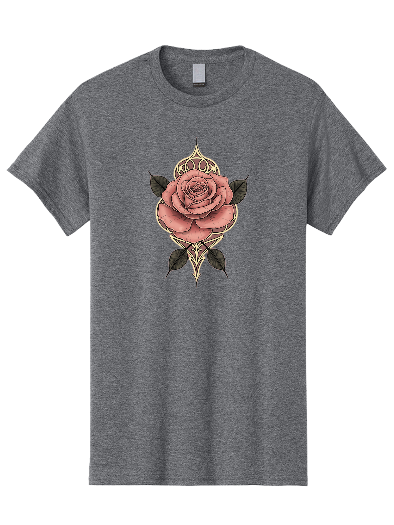 Rose-Illustration Men'S Graphic Tee, 100% Cotton, Comfortable Casual Summer Wear, Machine Washable, Stylized Rose Illustration, Decorative Floral Design, Pink Rose, Black Leaves, Intricate Line Art, Ornate Details, Body Art Inspiration, Bae258