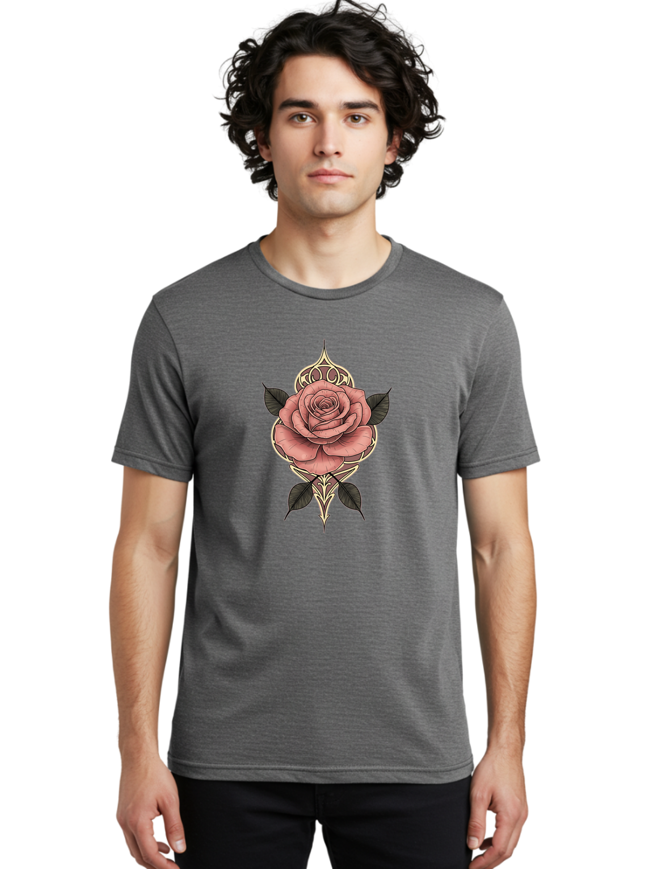 Rose-Illustration Men'S Graphic Tee, 100% Cotton, Comfortable Casual Summer Wear, Machine Washable, Stylized Rose Illustration, Decorative Floral Design, Pink Rose, Black Leaves, Intricate Line Art, Ornate Details, Body Art Inspiration, Bae258