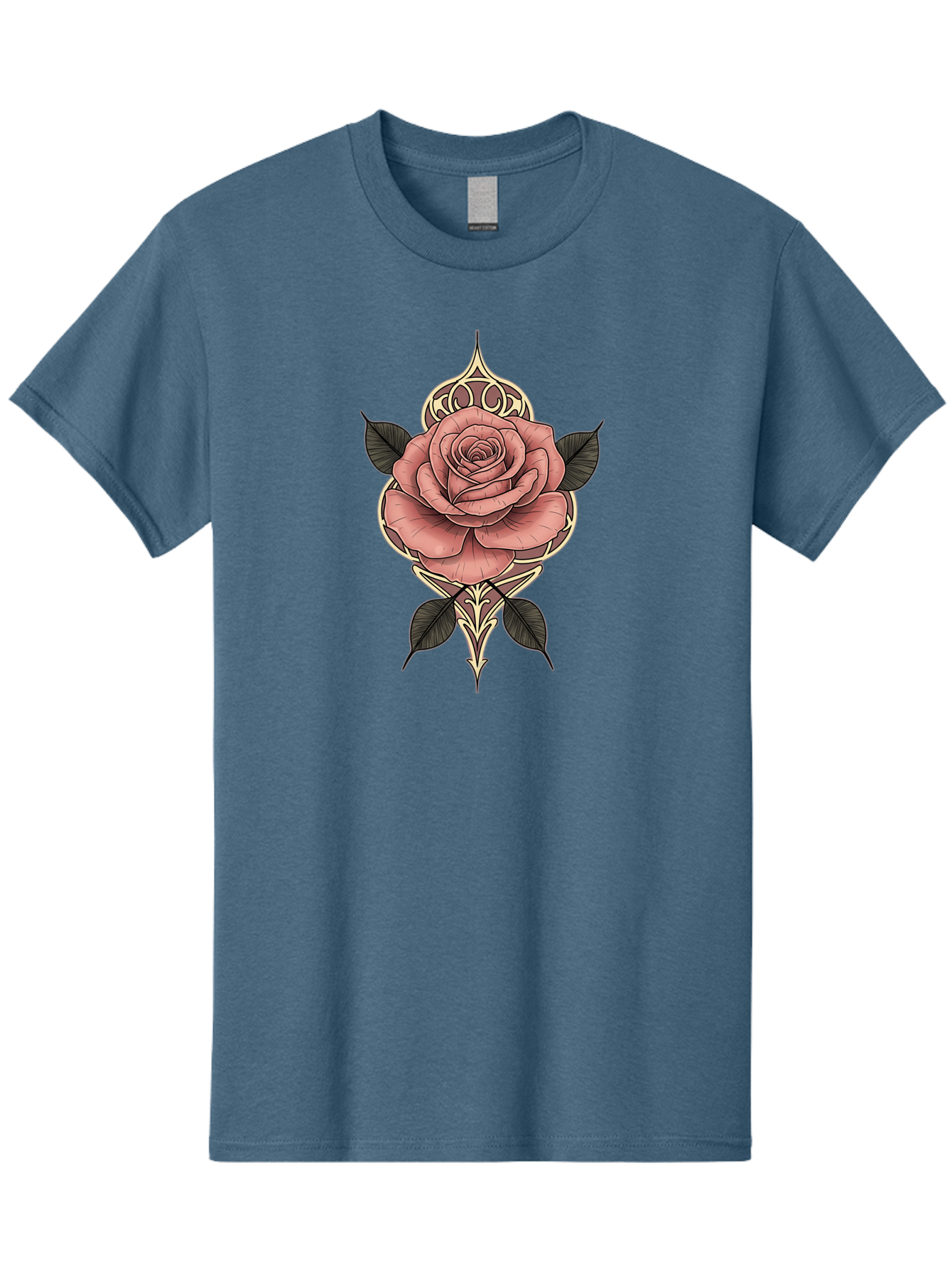 Rose-Illustration Men'S Graphic Tee, 100% Cotton, Comfortable Casual Summer Wear, Machine Washable, Stylized Rose Illustration, Decorative Floral Design, Pink Rose, Black Leaves, Intricate Line Art, Ornate Details, Body Art Inspiration, Bae258