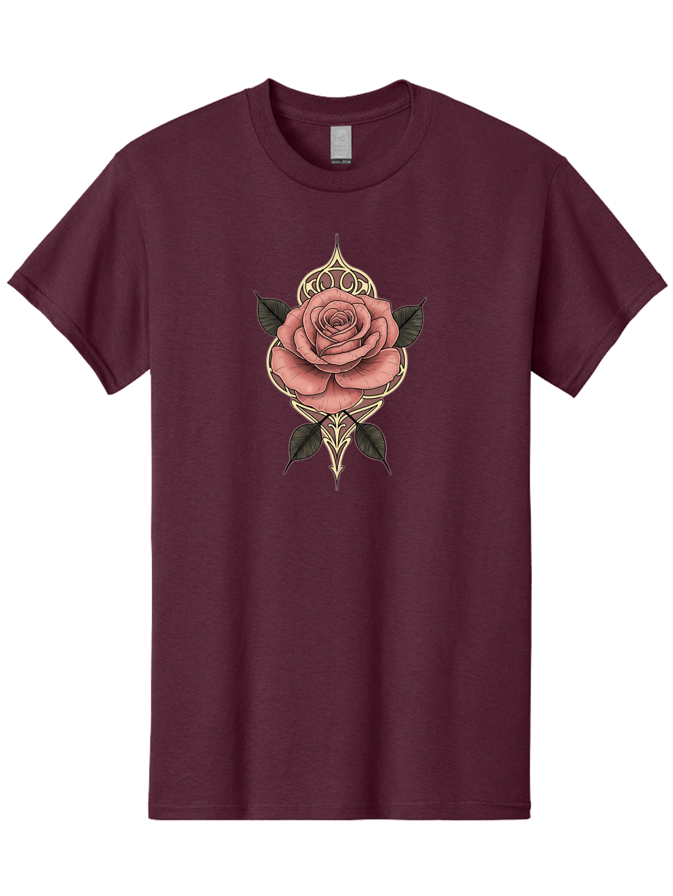 Rose-Illustration Men'S Graphic Tee, 100% Cotton, Comfortable Casual Summer Wear, Machine Washable, Stylized Rose Illustration, Decorative Floral Design, Pink Rose, Black Leaves, Intricate Line Art, Ornate Details, Body Art Inspiration, Bae258