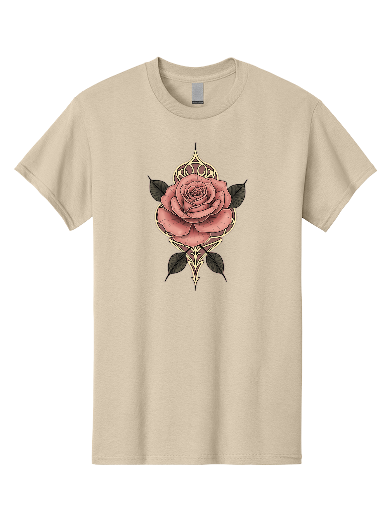 Rose-Illustration Men'S Graphic Tee, 100% Cotton, Comfortable Casual Summer Wear, Machine Washable, Stylized Rose Illustration, Decorative Floral Design, Pink Rose, Black Leaves, Intricate Line Art, Ornate Details, Body Art Inspiration, Bae258