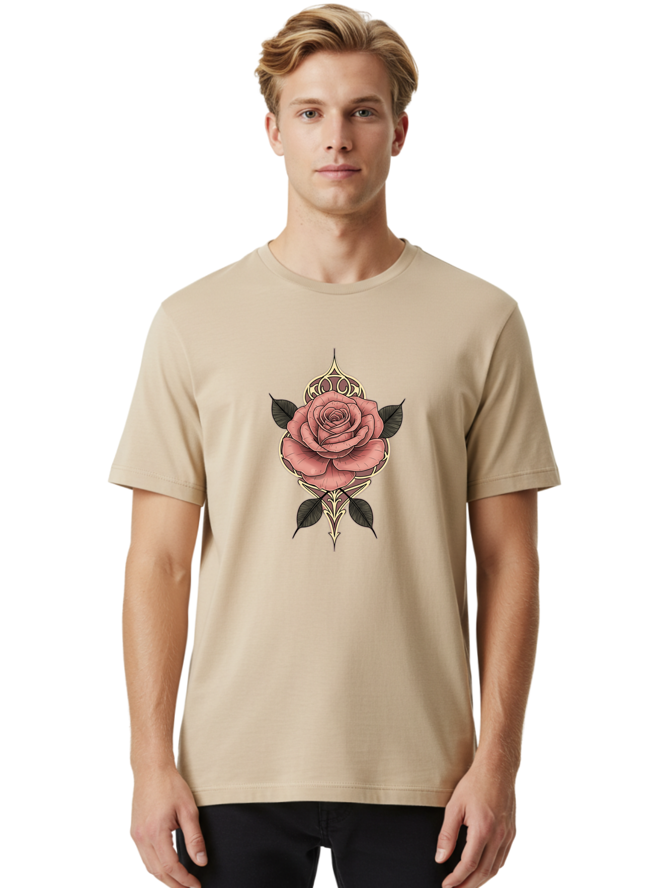 Rose-Illustration Men'S Graphic Tee, 100% Cotton, Comfortable Casual Summer Wear, Machine Washable, Stylized Rose Illustration, Decorative Floral Design, Pink Rose, Black Leaves, Intricate Line Art, Ornate Details, Body Art Inspiration, Bae258
