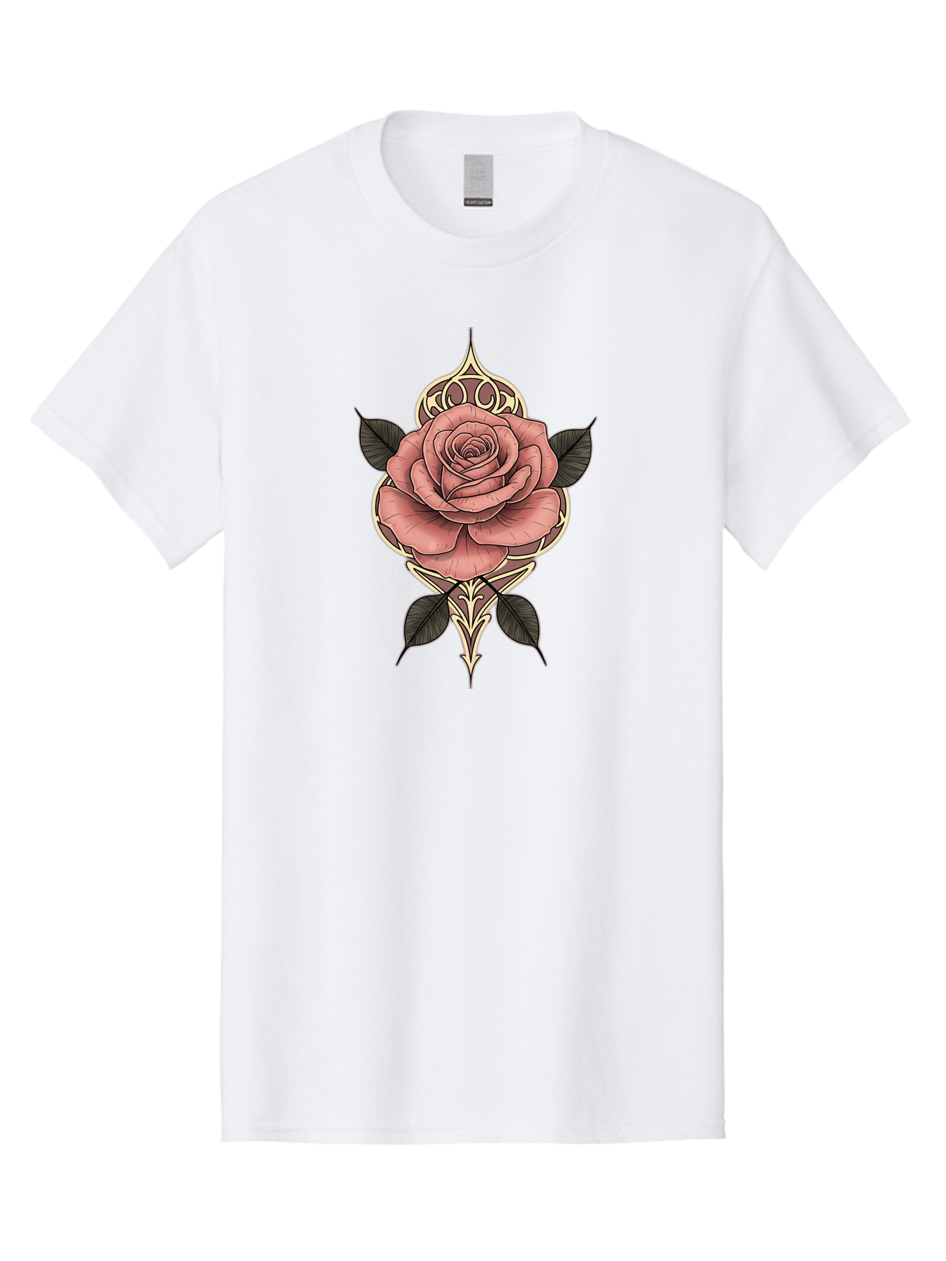 Rose-Illustration Men'S Graphic Tee, 100% Cotton, Comfortable Casual Summer Wear, Machine Washable, Stylized Rose Illustration, Decorative Floral Design, Pink Rose, Black Leaves, Intricate Line Art, Ornate Details, Body Art Inspiration, Bae258