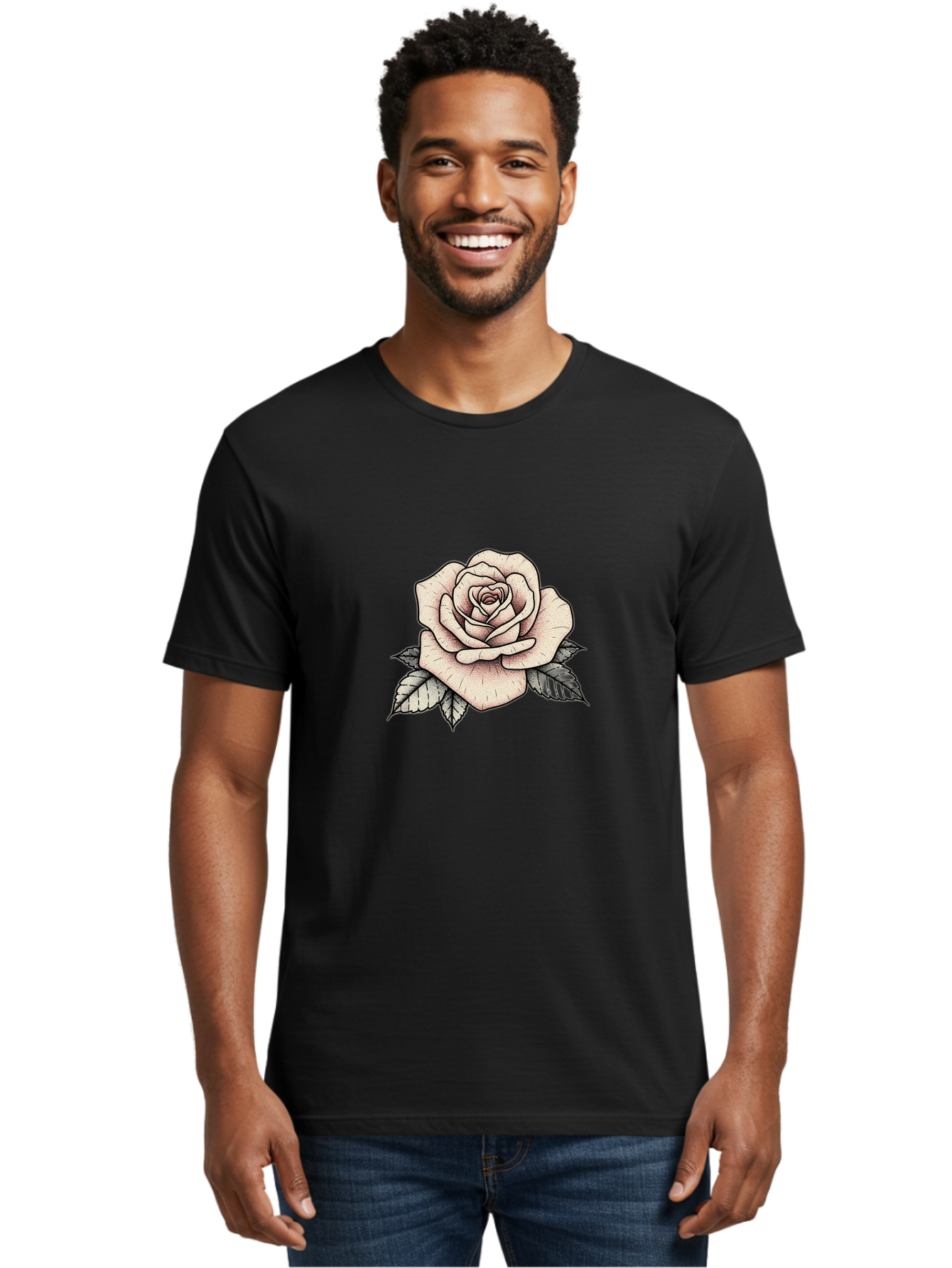 Rose-With-Leaves Men'S Graphic Tee, 100% Cotton, Comfortable Casual Summer Wear, Machine Washable, Tattoo Style Rose, Illustration Art, Floral Design, Love Symbol, Delicate Petals, Leafy Greens, Ink Art, Classic Flower Bae259