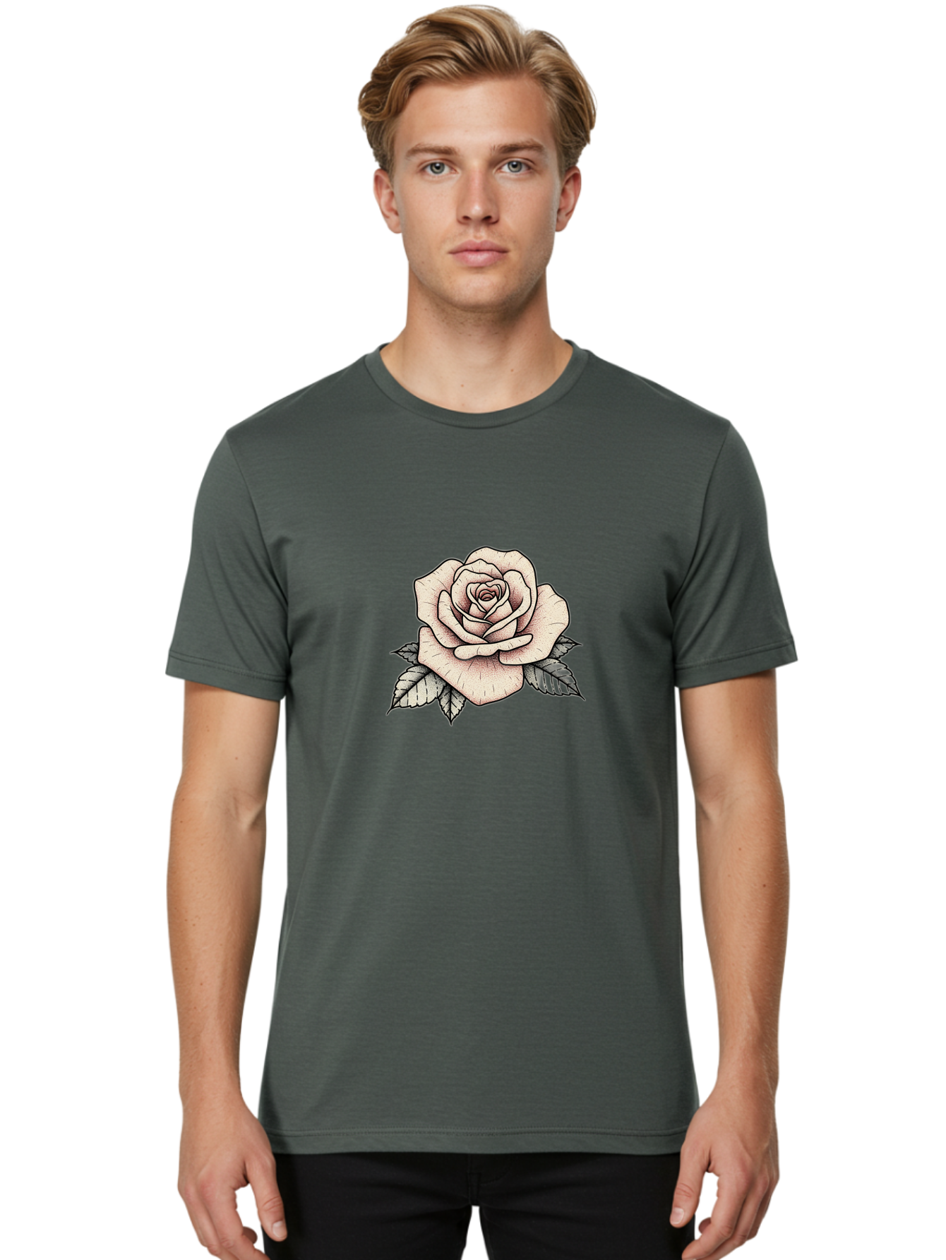 Rose-With-Leaves Men'S Graphic Tee, 100% Cotton, Comfortable Casual Summer Wear, Machine Washable, Tattoo Style Rose, Illustration Art, Floral Design, Love Symbol, Delicate Petals, Leafy Greens, Ink Art, Classic Flower Bae259