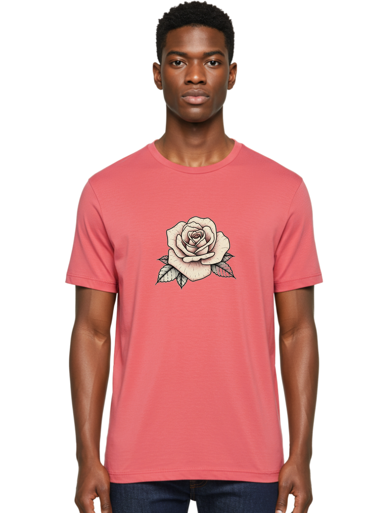 Rose-With-Leaves Men'S Graphic Tee, 100% Cotton, Comfortable Casual Summer Wear, Machine Washable, Tattoo Style Rose, Illustration Art, Floral Design, Love Symbol, Delicate Petals, Leafy Greens, Ink Art, Classic Flower Bae259