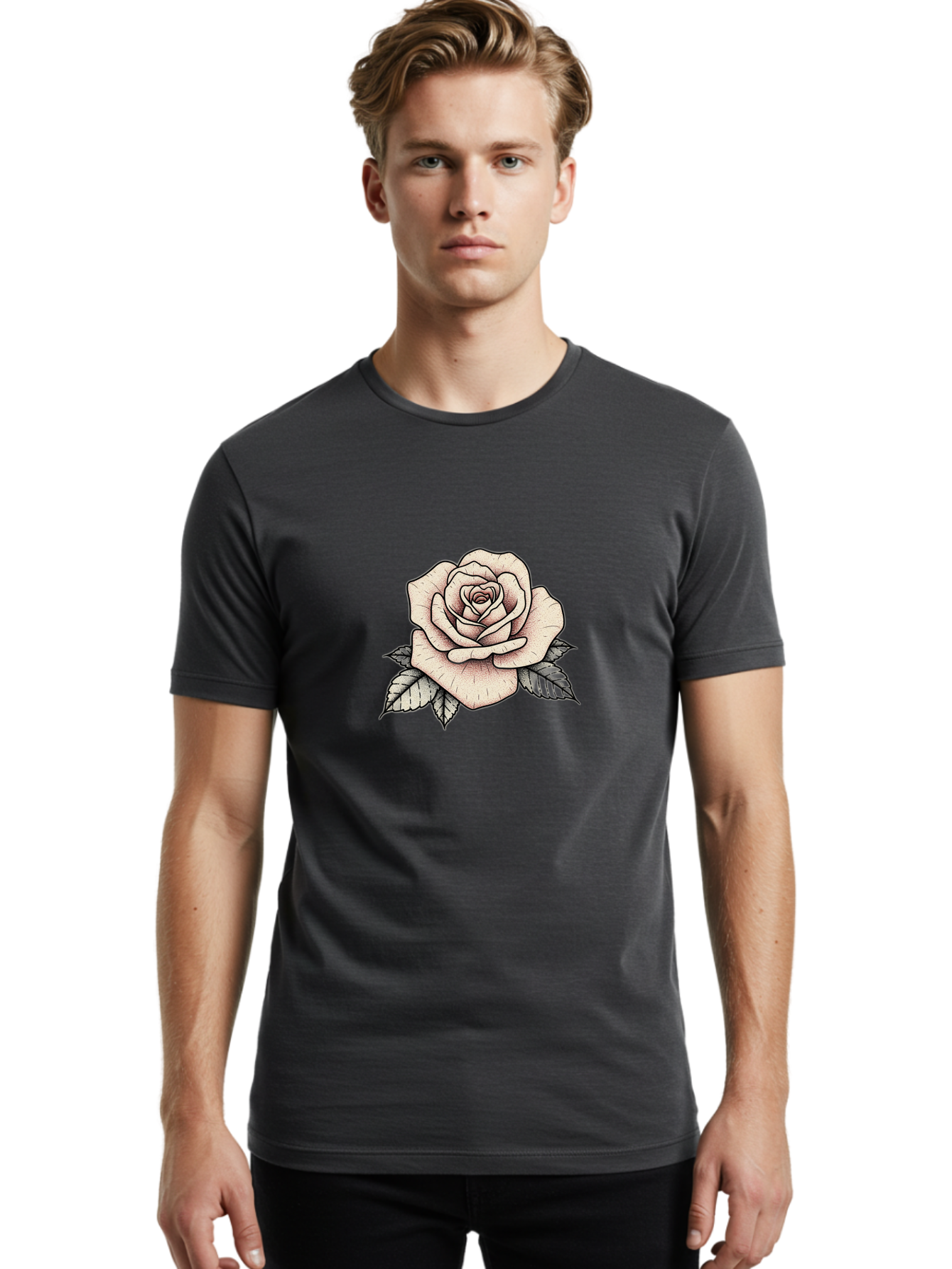 Rose-With-Leaves Men'S Graphic Tee, 100% Cotton, Comfortable Casual Summer Wear, Machine Washable, Tattoo Style Rose, Illustration Art, Floral Design, Love Symbol, Delicate Petals, Leafy Greens, Ink Art, Classic Flower Bae259