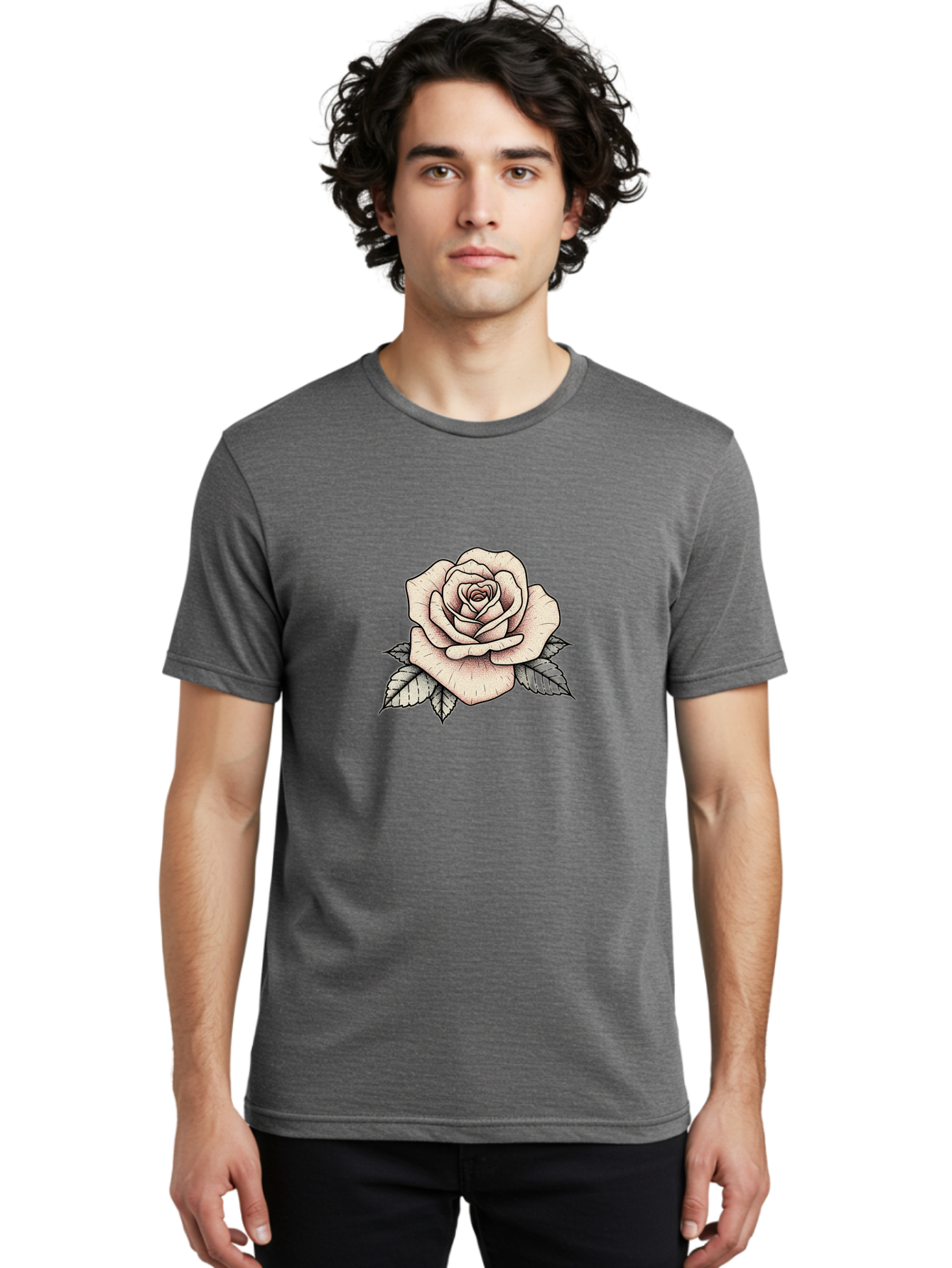 Rose-With-Leaves Men'S Graphic Tee, 100% Cotton, Comfortable Casual Summer Wear, Machine Washable, Tattoo Style Rose, Illustration Art, Floral Design, Love Symbol, Delicate Petals, Leafy Greens, Ink Art, Classic Flower Bae259