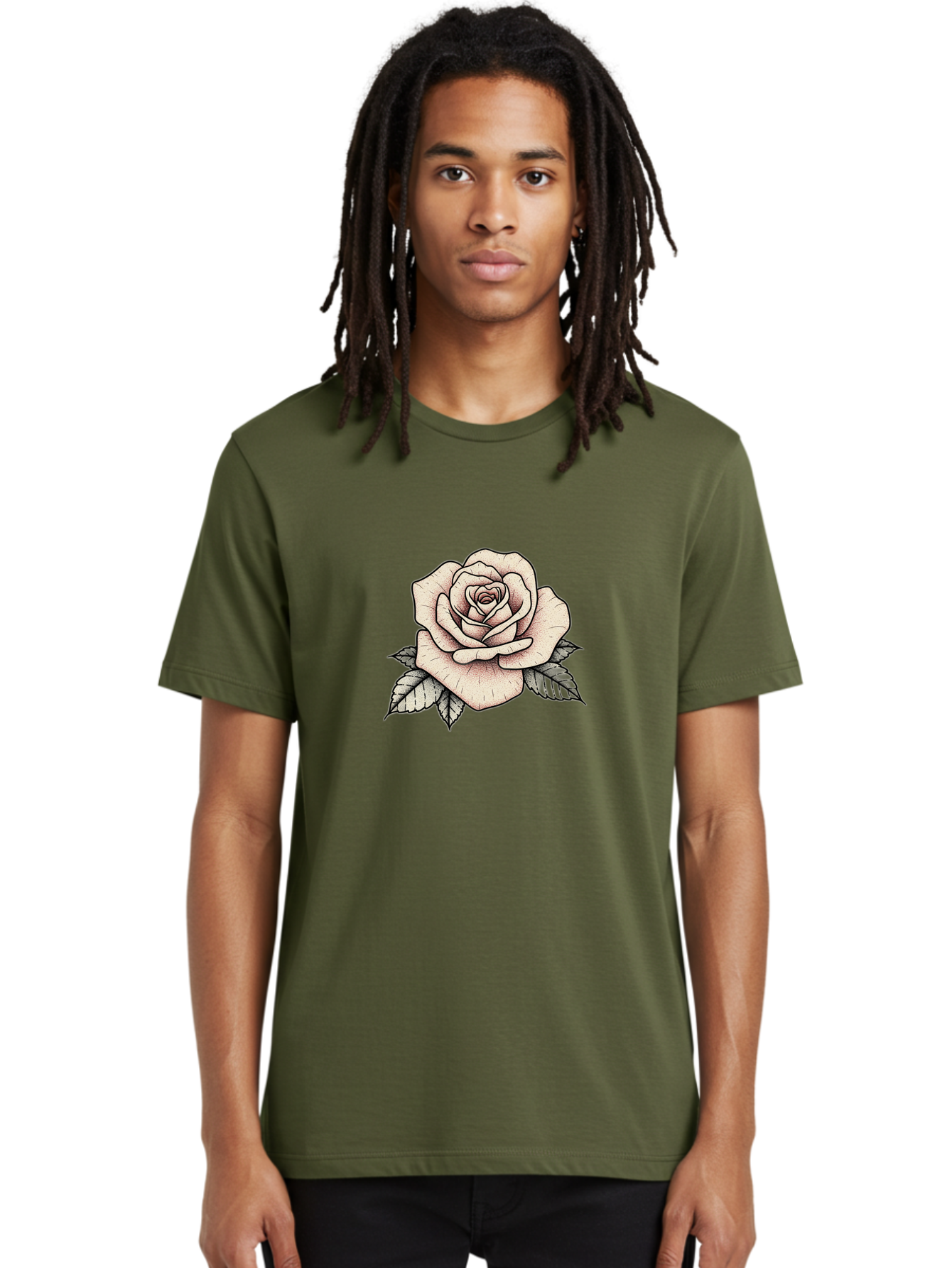 Rose-With-Leaves Men'S Graphic Tee, 100% Cotton, Comfortable Casual Summer Wear, Machine Washable, Tattoo Style Rose, Illustration Art, Floral Design, Love Symbol, Delicate Petals, Leafy Greens, Ink Art, Classic Flower Bae259