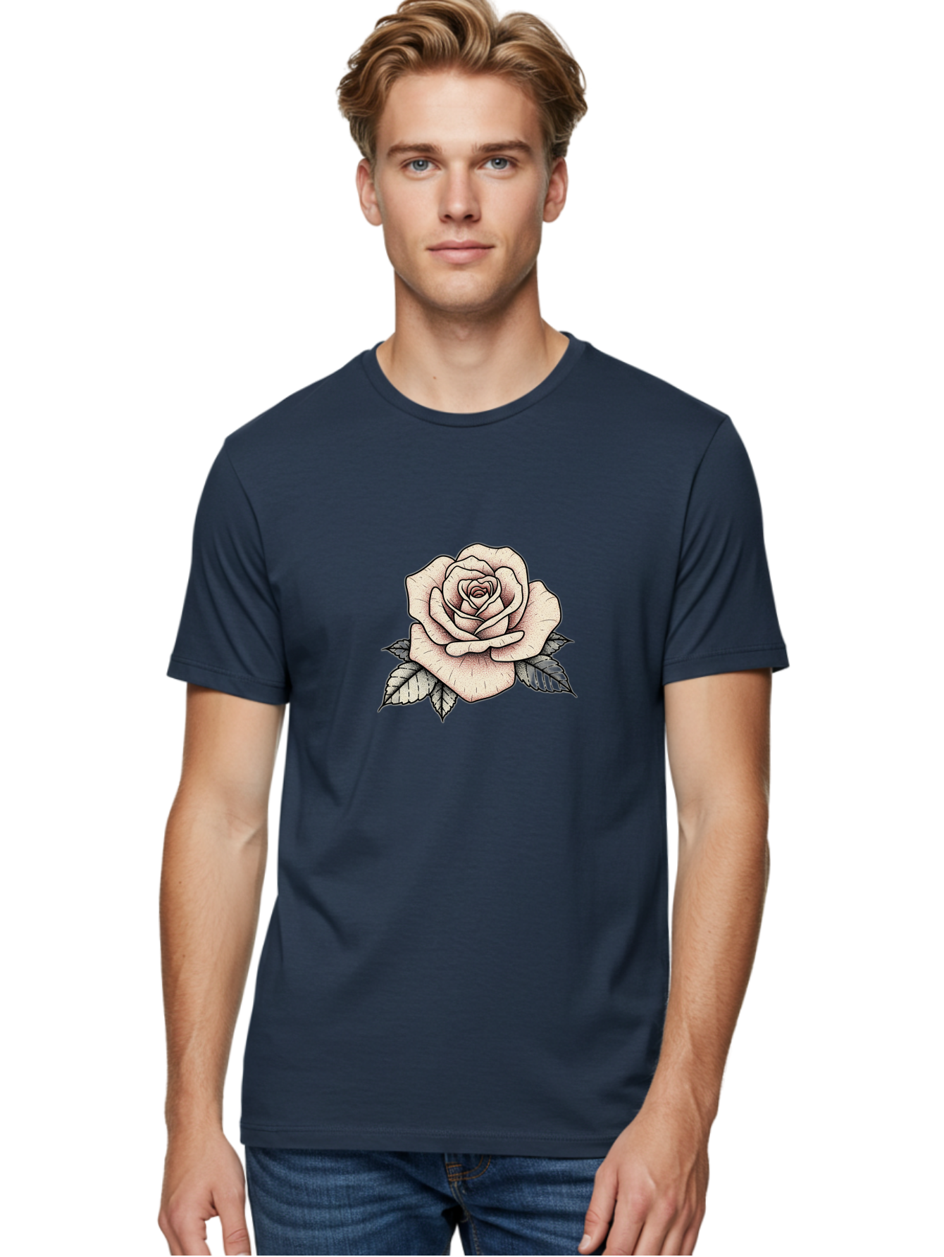 Rose-With-Leaves Men'S Graphic Tee, 100% Cotton, Comfortable Casual Summer Wear, Machine Washable, Tattoo Style Rose, Illustration Art, Floral Design, Love Symbol, Delicate Petals, Leafy Greens, Ink Art, Classic Flower Bae259