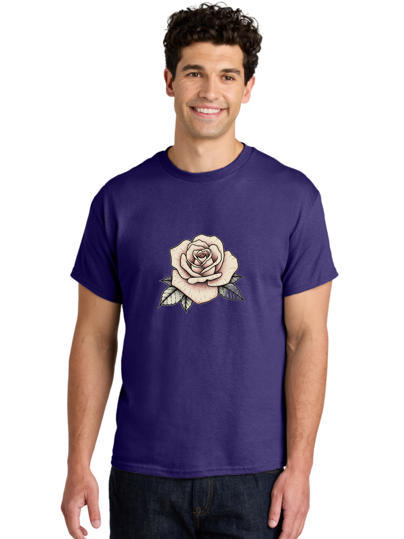 Rose-With-Leaves Men'S Graphic Tee, 100% Cotton, Comfortable Casual Summer Wear, Machine Washable, Tattoo Style Rose, Illustration Art, Floral Design, Love Symbol, Delicate Petals, Leafy Greens, Ink Art, Classic Flower Bae259