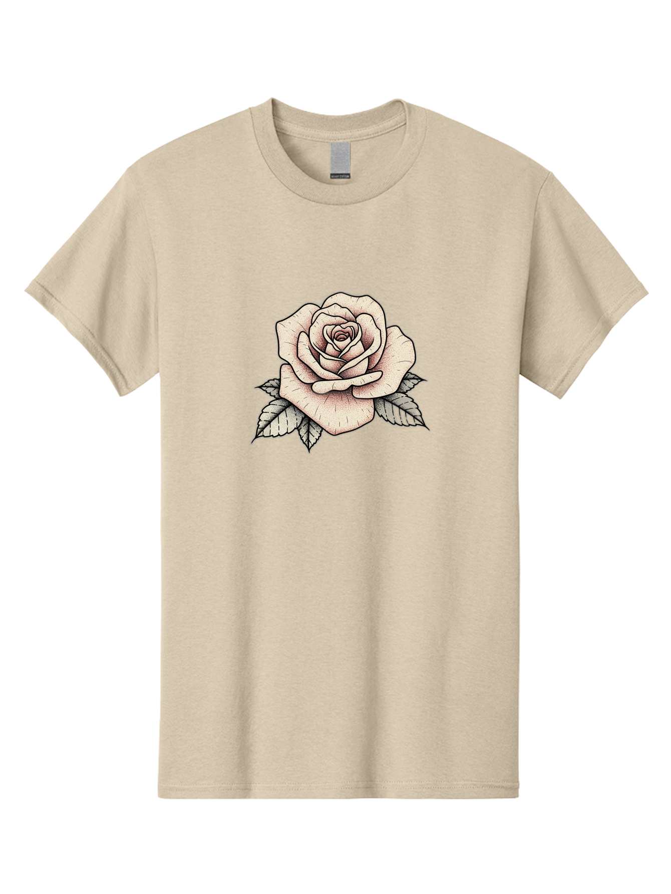 Rose-With-Leaves Men'S Graphic Tee, 100% Cotton, Comfortable Casual Summer Wear, Machine Washable, Tattoo Style Rose, Illustration Art, Floral Design, Love Symbol, Delicate Petals, Leafy Greens, Ink Art, Classic Flower Bae259