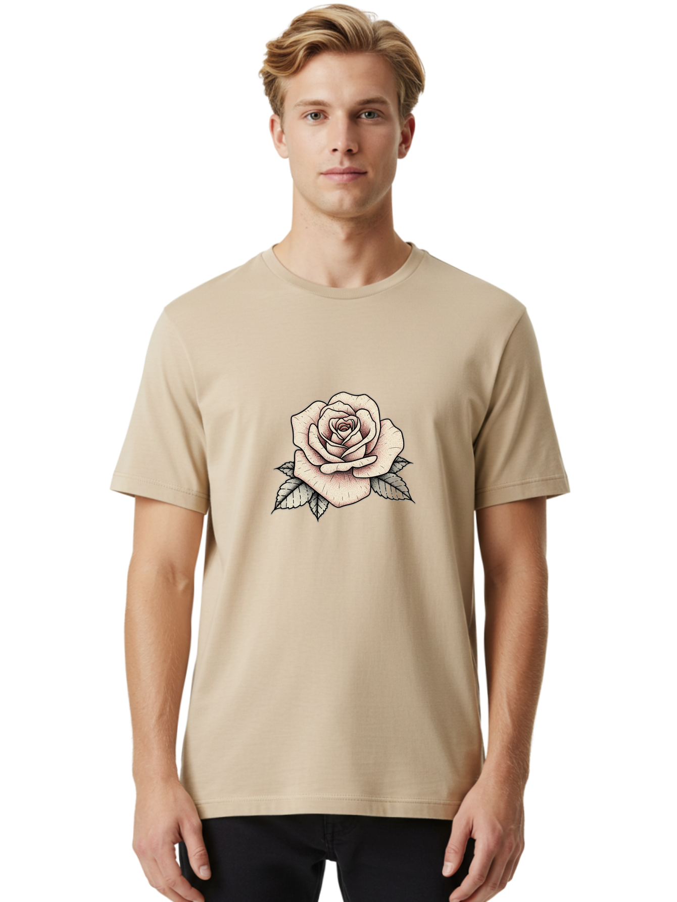 Rose-With-Leaves Men'S Graphic Tee, 100% Cotton, Comfortable Casual Summer Wear, Machine Washable, Tattoo Style Rose, Illustration Art, Floral Design, Love Symbol, Delicate Petals, Leafy Greens, Ink Art, Classic Flower Bae259