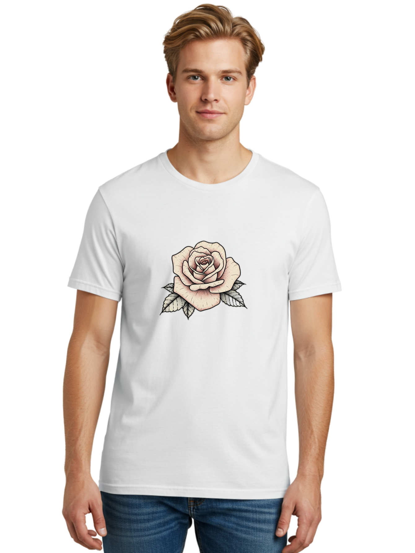 Rose-With-Leaves Men'S Graphic Tee, 100% Cotton, Comfortable Casual Summer Wear, Machine Washable, Tattoo Style Rose, Illustration Art, Floral Design, Love Symbol, Delicate Petals, Leafy Greens, Ink Art, Classic Flower Bae259