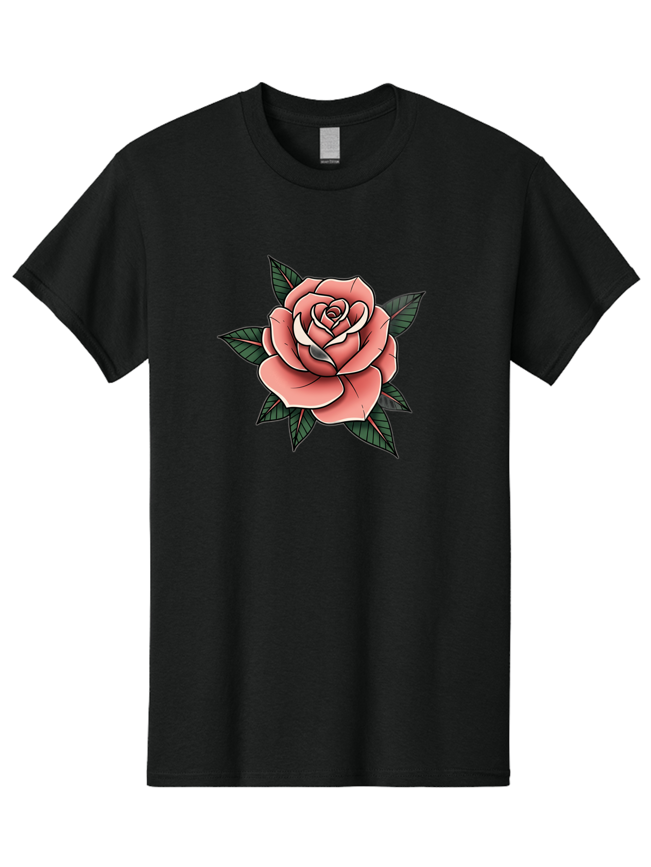 Rose Men'S Graphic Tee, 100% Cotton, Comfortable Casual Summer Wear, Machine Washable, Pink Rose, Flower Illustration, Tattoo Art, Green Leaves, Black Outlines, White Highlights, Floral Design, Botanical Art, Graphic Design Bae260