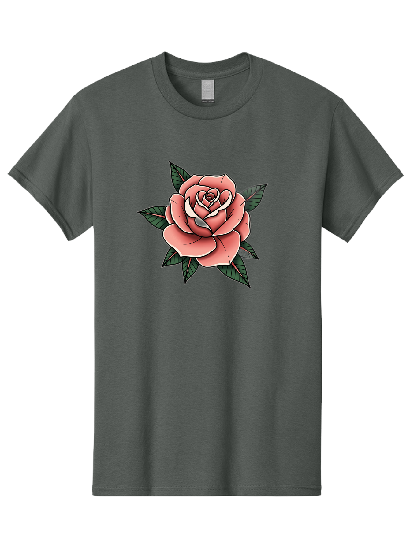 Rose Men'S Graphic Tee, 100% Cotton, Comfortable Casual Summer Wear, Machine Washable, Pink Rose, Flower Illustration, Tattoo Art, Green Leaves, Black Outlines, White Highlights, Floral Design, Botanical Art, Graphic Design Bae260