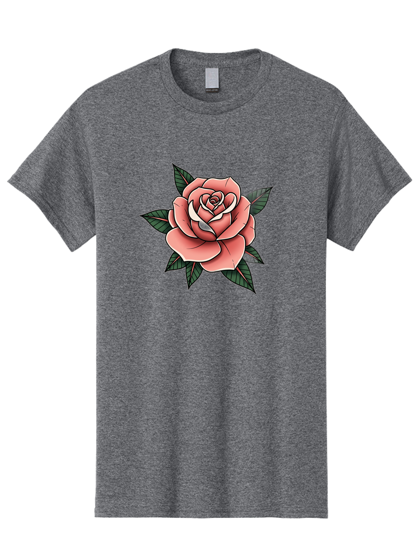 Rose Men'S Graphic Tee, 100% Cotton, Comfortable Casual Summer Wear, Machine Washable, Pink Rose, Flower Illustration, Tattoo Art, Green Leaves, Black Outlines, White Highlights, Floral Design, Botanical Art, Graphic Design Bae260