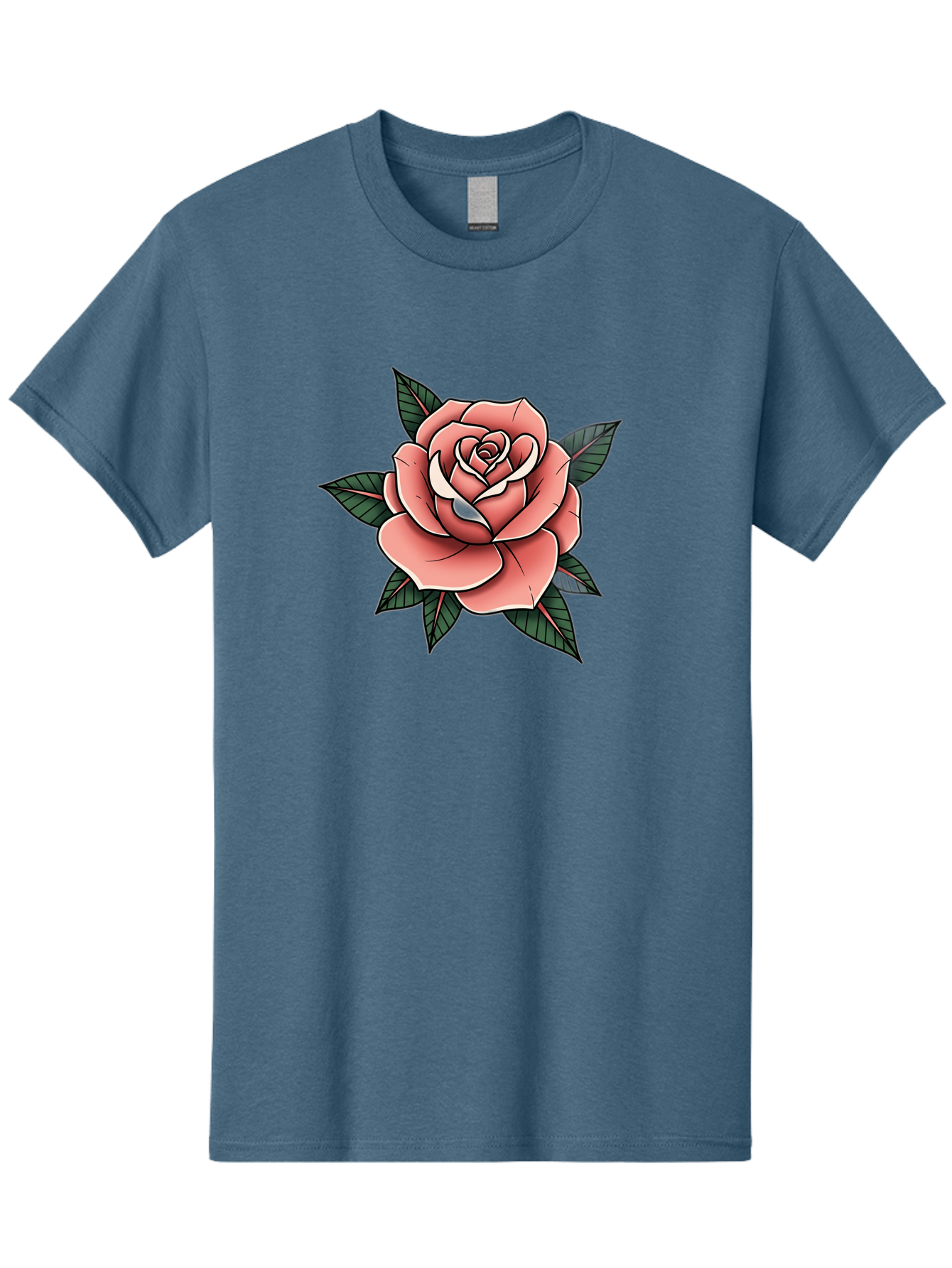 Rose Men'S Graphic Tee, 100% Cotton, Comfortable Casual Summer Wear, Machine Washable, Pink Rose, Flower Illustration, Tattoo Art, Green Leaves, Black Outlines, White Highlights, Floral Design, Botanical Art, Graphic Design Bae260