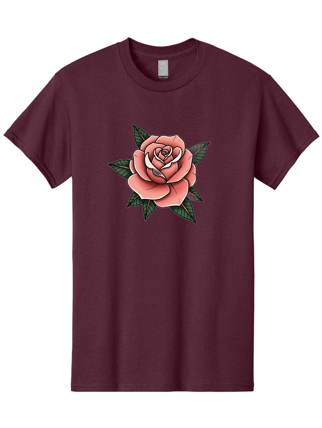 Rose Men'S Graphic Tee, 100% Cotton, Comfortable Casual Summer Wear, Machine Washable, Pink Rose, Flower Illustration, Tattoo Art, Green Leaves, Black Outlines, White Highlights, Floral Design, Botanical Art, Graphic Design Bae260