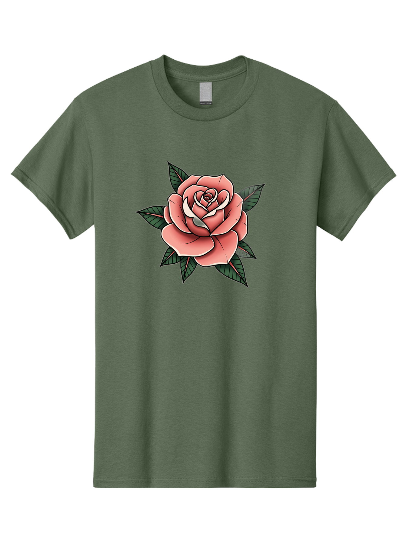 Rose Men'S Graphic Tee, 100% Cotton, Comfortable Casual Summer Wear, Machine Washable, Pink Rose, Flower Illustration, Tattoo Art, Green Leaves, Black Outlines, White Highlights, Floral Design, Botanical Art, Graphic Design Bae260