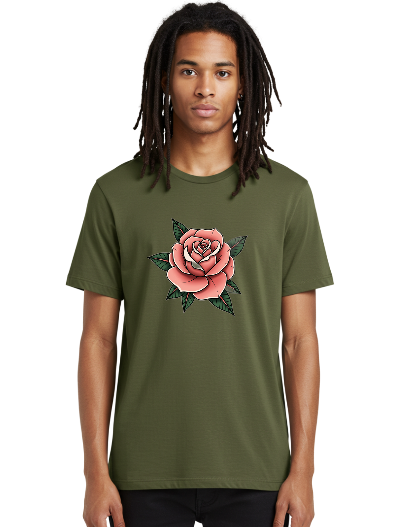 Rose Men'S Graphic Tee, 100% Cotton, Comfortable Casual Summer Wear, Machine Washable, Pink Rose, Flower Illustration, Tattoo Art, Green Leaves, Black Outlines, White Highlights, Floral Design, Botanical Art, Graphic Design Bae260