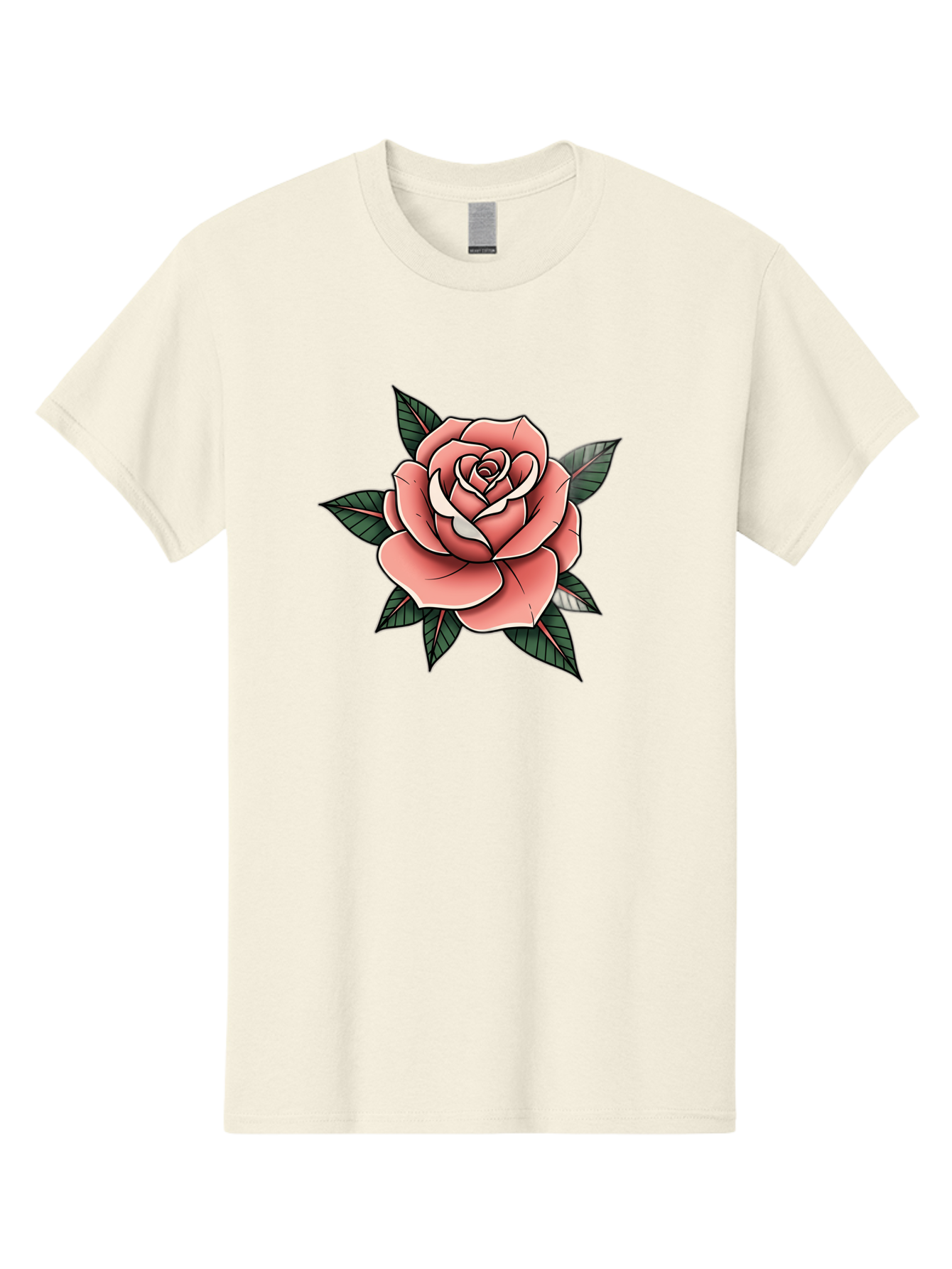 Rose Men'S Graphic Tee, 100% Cotton, Comfortable Casual Summer Wear, Machine Washable, Pink Rose, Flower Illustration, Tattoo Art, Green Leaves, Black Outlines, White Highlights, Floral Design, Botanical Art, Graphic Design Bae260