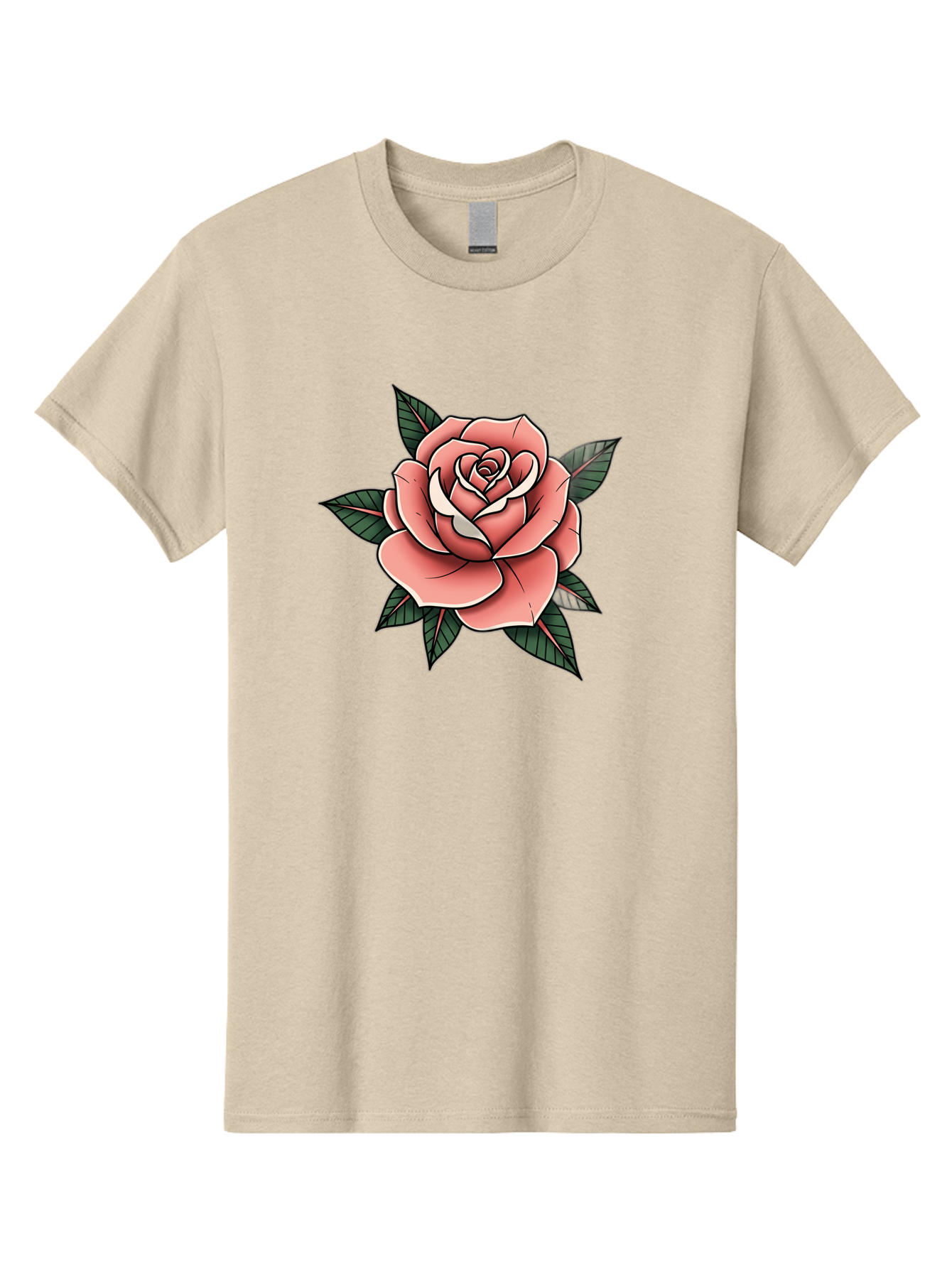 Rose Men'S Graphic Tee, 100% Cotton, Comfortable Casual Summer Wear, Machine Washable, Pink Rose, Flower Illustration, Tattoo Art, Green Leaves, Black Outlines, White Highlights, Floral Design, Botanical Art, Graphic Design Bae260
