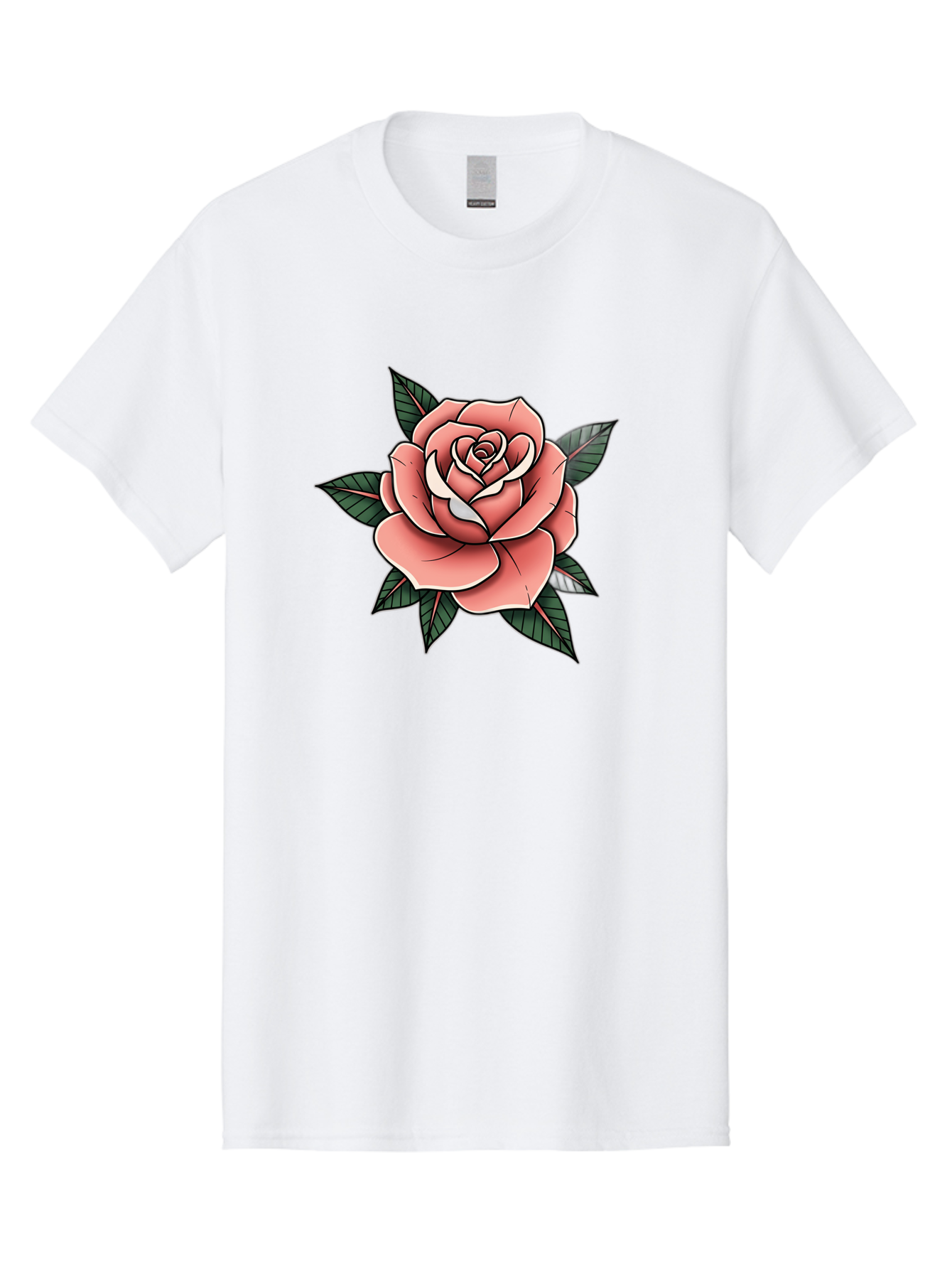 Rose Men'S Graphic Tee, 100% Cotton, Comfortable Casual Summer Wear, Machine Washable, Pink Rose, Flower Illustration, Tattoo Art, Green Leaves, Black Outlines, White Highlights, Floral Design, Botanical Art, Graphic Design Bae260