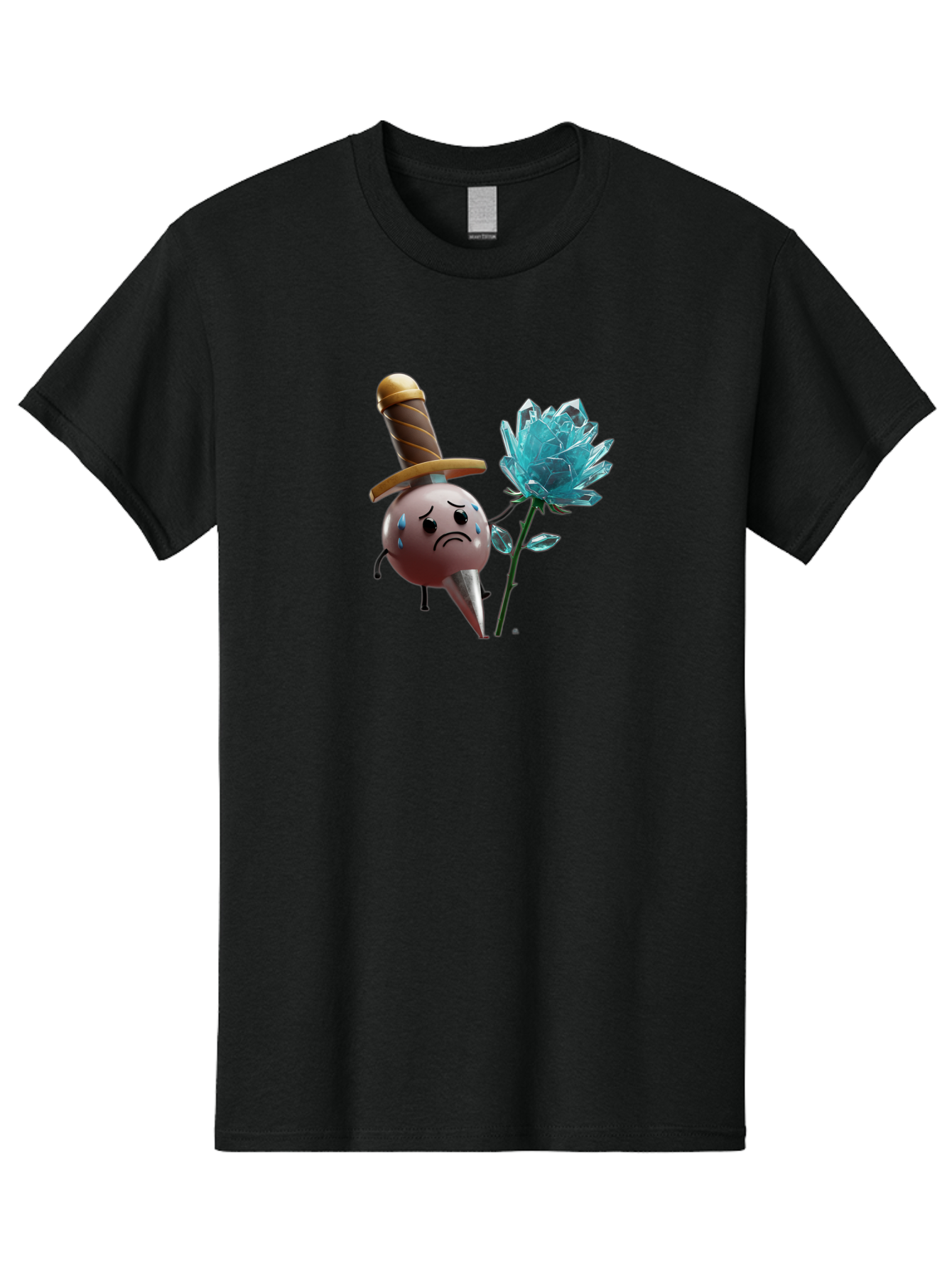 Sad-Bullet-Kin-With-Crystal-Flower Men'S Graphic Tee, 100% Cotton, Comfortable Casual Summer Wear, Machine Washable, Sad Bullet Kin, Crying Face, Blue Tears, Sword Hat, Crystal Flower, Cartoon Character, 3D Animation, Video Game Asset, Bae261