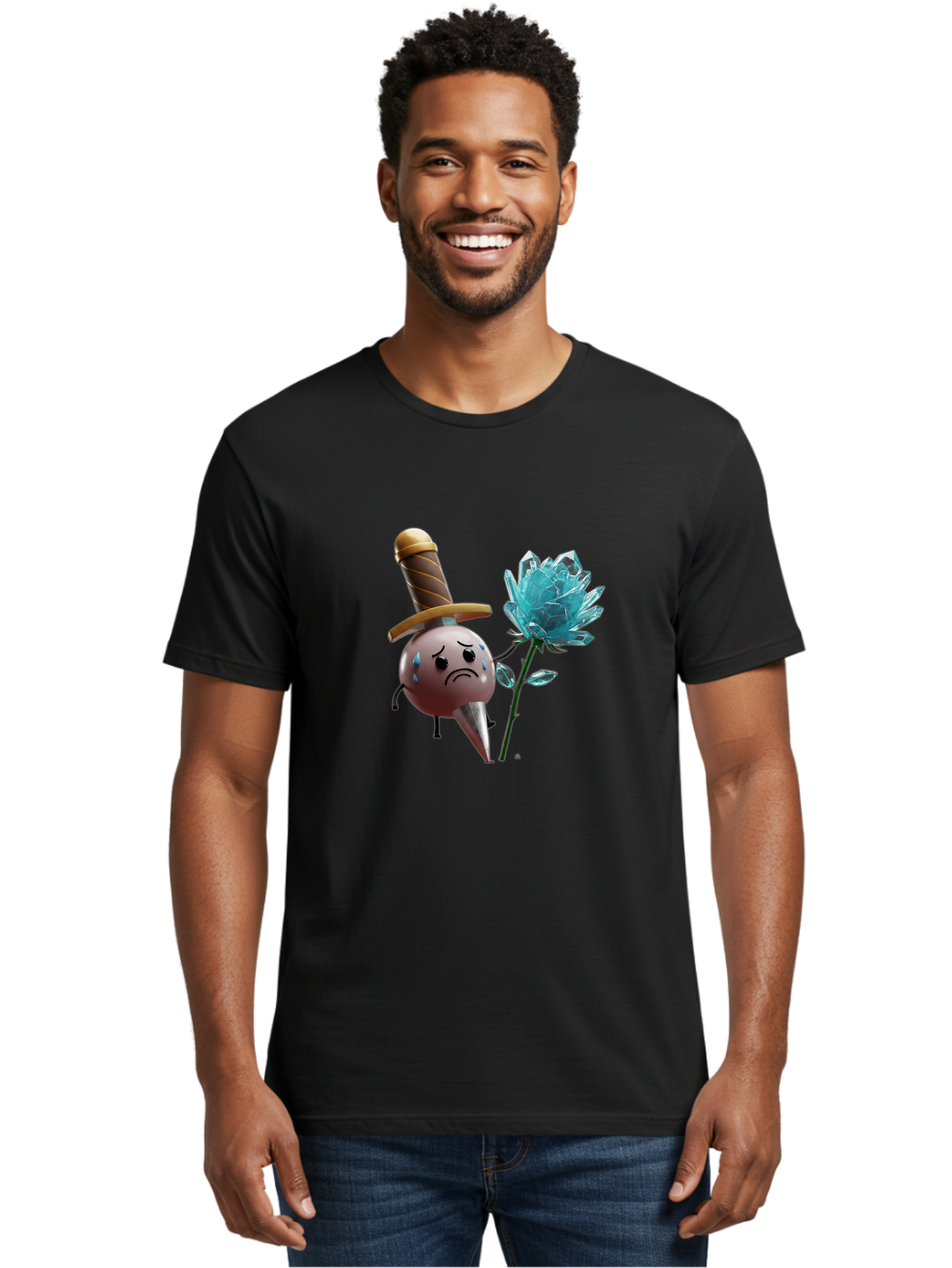 Sad-Bullet-Kin-With-Crystal-Flower Men'S Graphic Tee, 100% Cotton, Comfortable Casual Summer Wear, Machine Washable, Sad Bullet Kin, Crying Face, Blue Tears, Sword Hat, Crystal Flower, Cartoon Character, 3D Animation, Video Game Asset, Bae261