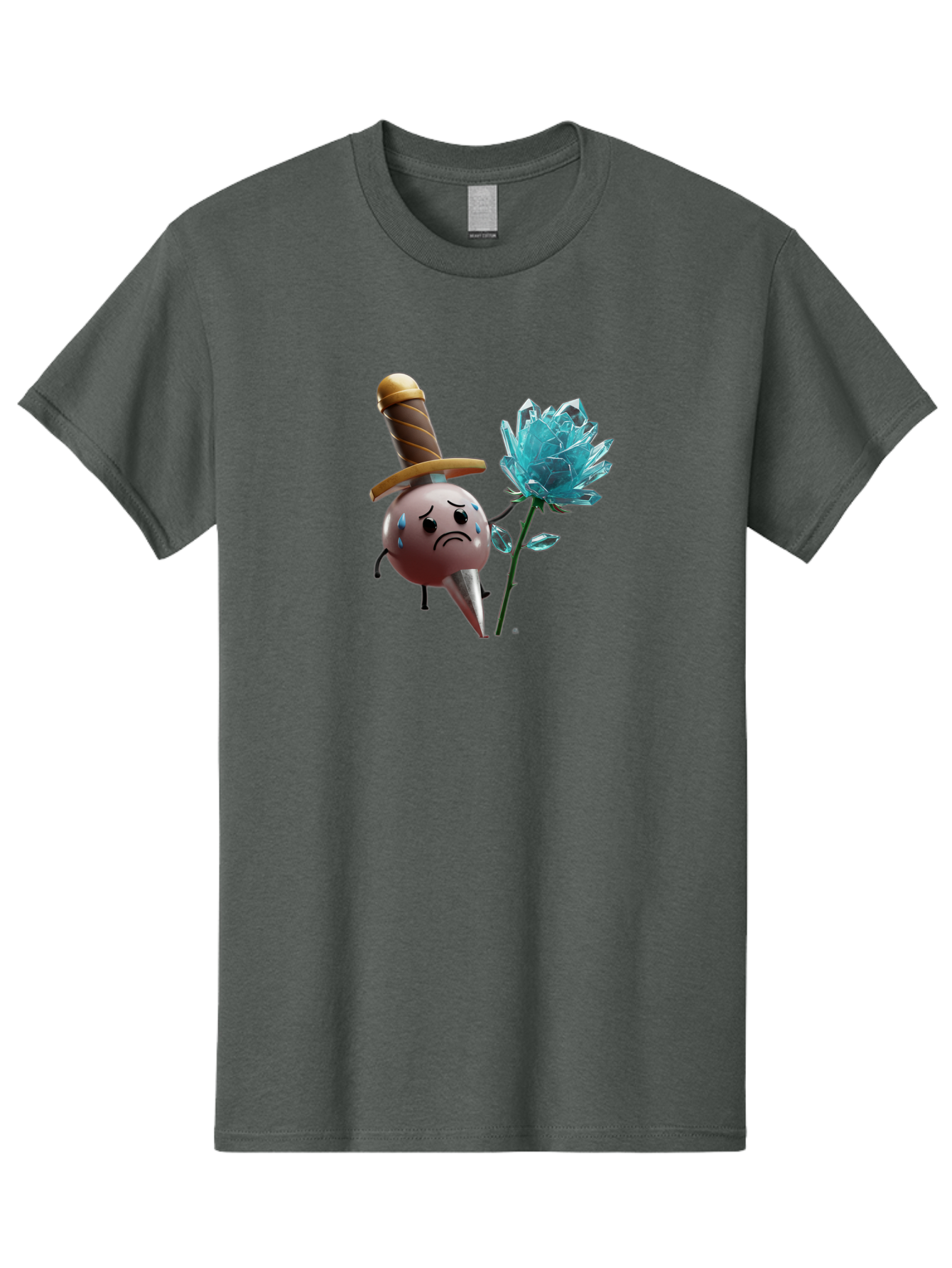 Sad-Bullet-Kin-With-Crystal-Flower Men'S Graphic Tee, 100% Cotton, Comfortable Casual Summer Wear, Machine Washable, Sad Bullet Kin, Crying Face, Blue Tears, Sword Hat, Crystal Flower, Cartoon Character, 3D Animation, Video Game Asset, Bae261