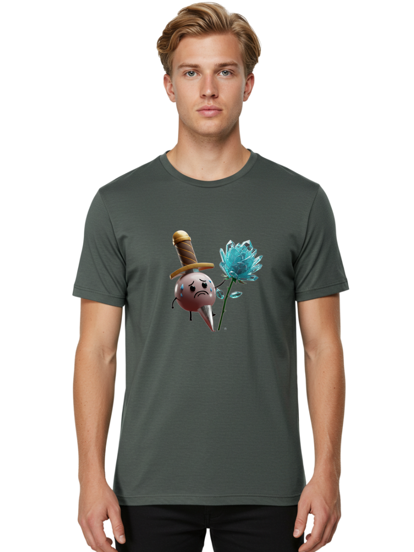 Sad-Bullet-Kin-With-Crystal-Flower Men'S Graphic Tee, 100% Cotton, Comfortable Casual Summer Wear, Machine Washable, Sad Bullet Kin, Crying Face, Blue Tears, Sword Hat, Crystal Flower, Cartoon Character, 3D Animation, Video Game Asset, Bae261