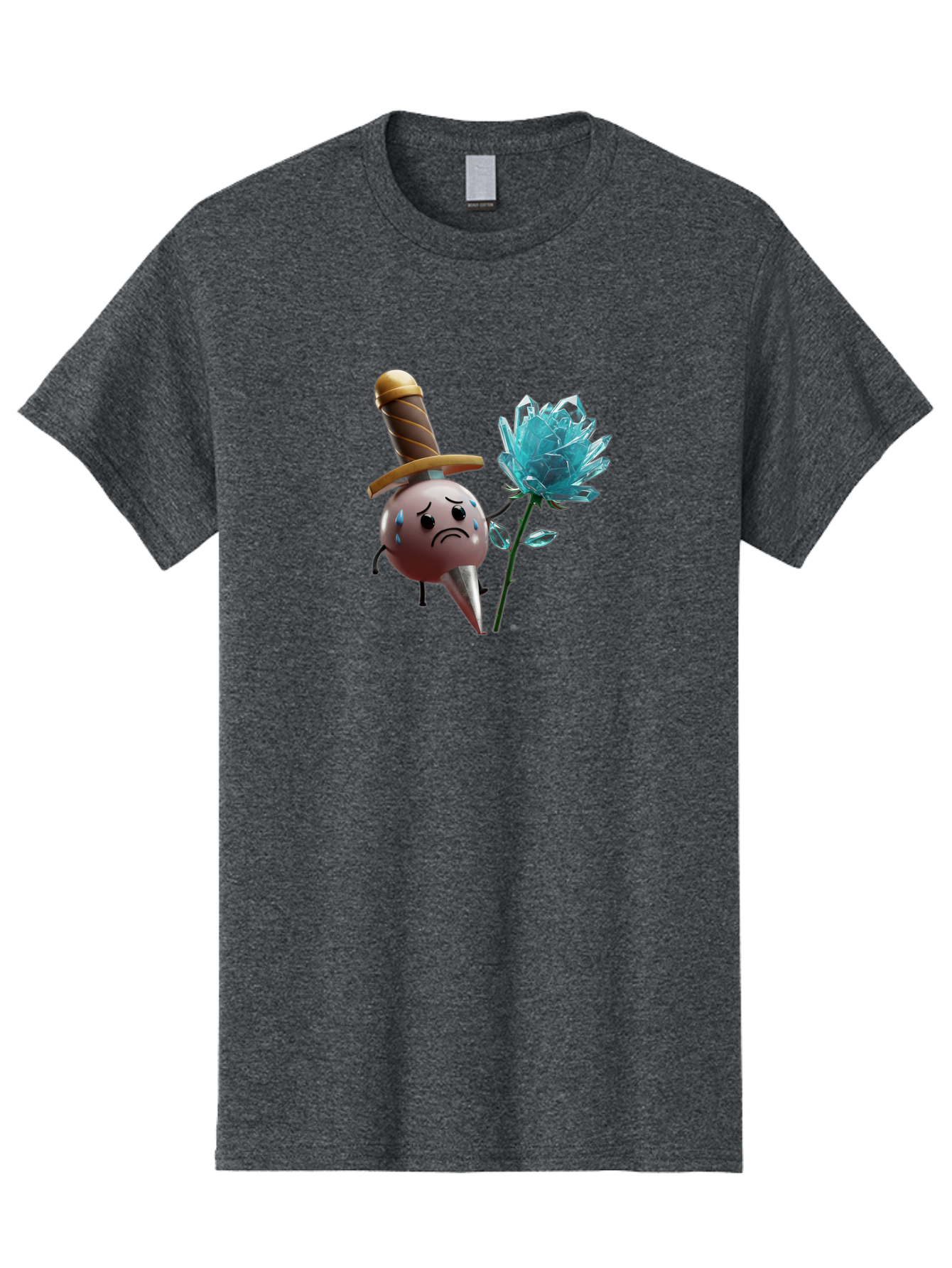 Sad-Bullet-Kin-With-Crystal-Flower Men'S Graphic Tee, 100% Cotton, Comfortable Casual Summer Wear, Machine Washable, Sad Bullet Kin, Crying Face, Blue Tears, Sword Hat, Crystal Flower, Cartoon Character, 3D Animation, Video Game Asset, Bae261