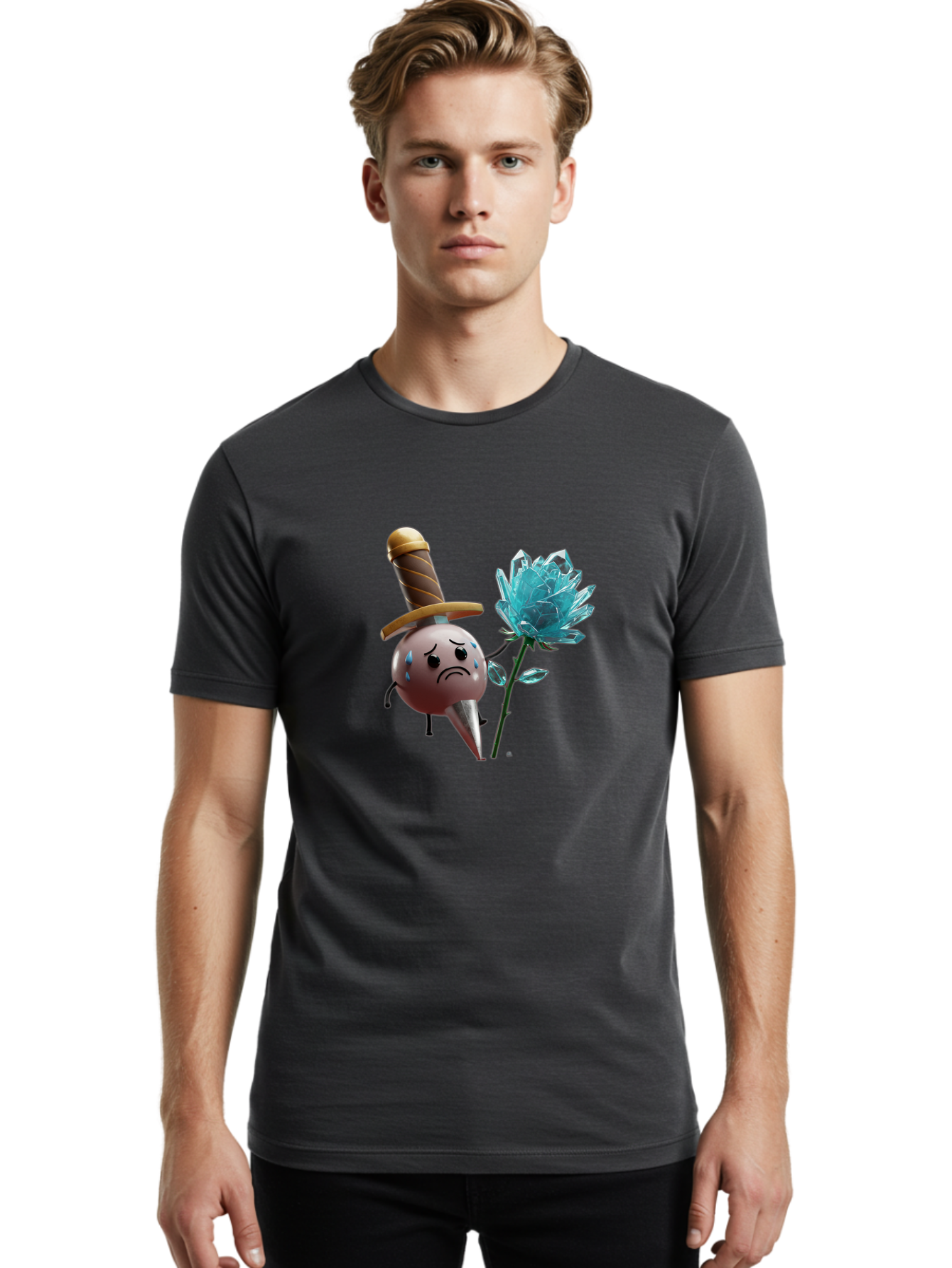 Sad-Bullet-Kin-With-Crystal-Flower Men'S Graphic Tee, 100% Cotton, Comfortable Casual Summer Wear, Machine Washable, Sad Bullet Kin, Crying Face, Blue Tears, Sword Hat, Crystal Flower, Cartoon Character, 3D Animation, Video Game Asset, Bae261