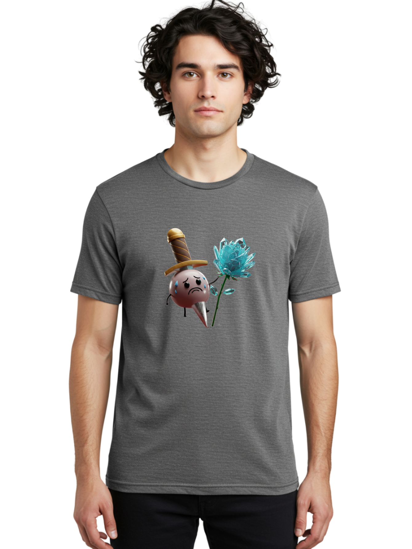 Sad-Bullet-Kin-With-Crystal-Flower Men'S Graphic Tee, 100% Cotton, Comfortable Casual Summer Wear, Machine Washable, Sad Bullet Kin, Crying Face, Blue Tears, Sword Hat, Crystal Flower, Cartoon Character, 3D Animation, Video Game Asset, Bae261