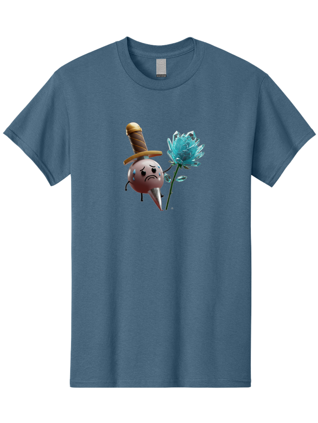 Sad-Bullet-Kin-With-Crystal-Flower Men'S Graphic Tee, 100% Cotton, Comfortable Casual Summer Wear, Machine Washable, Sad Bullet Kin, Crying Face, Blue Tears, Sword Hat, Crystal Flower, Cartoon Character, 3D Animation, Video Game Asset, Bae261