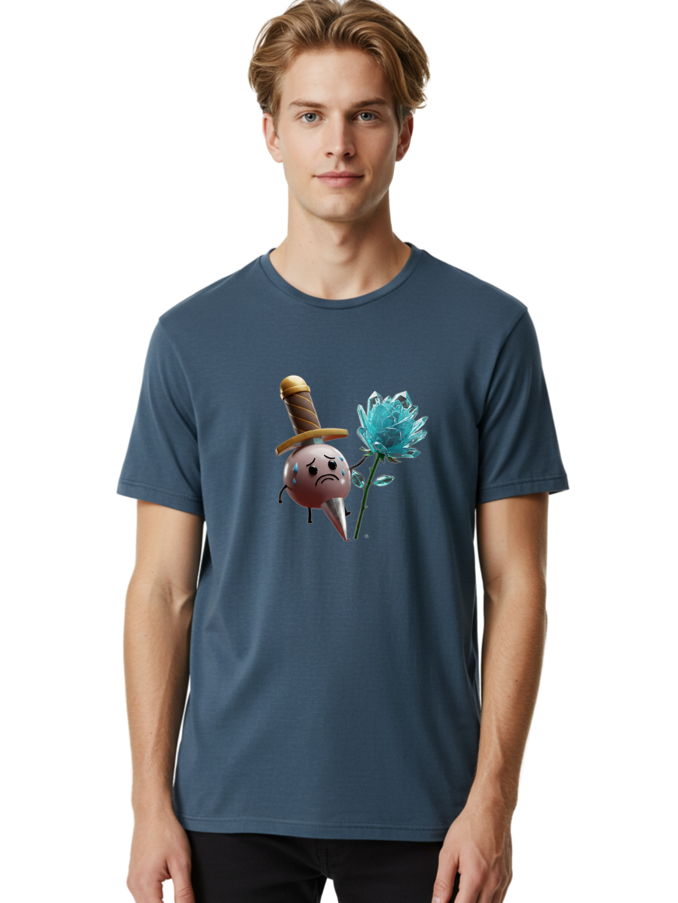 Sad-Bullet-Kin-With-Crystal-Flower Men'S Graphic Tee, 100% Cotton, Comfortable Casual Summer Wear, Machine Washable, Sad Bullet Kin, Crying Face, Blue Tears, Sword Hat, Crystal Flower, Cartoon Character, 3D Animation, Video Game Asset, Bae261