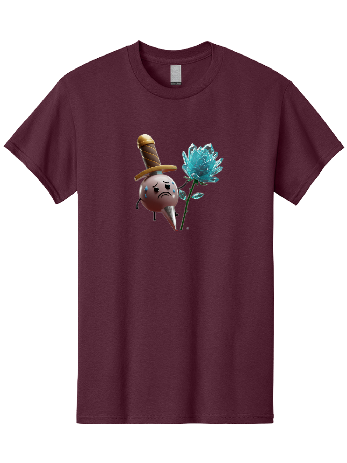 Sad-Bullet-Kin-With-Crystal-Flower Men'S Graphic Tee, 100% Cotton, Comfortable Casual Summer Wear, Machine Washable, Sad Bullet Kin, Crying Face, Blue Tears, Sword Hat, Crystal Flower, Cartoon Character, 3D Animation, Video Game Asset, Bae261
