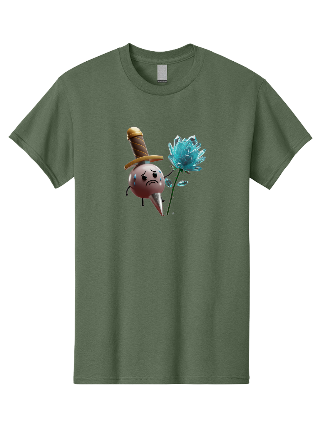 Sad-Bullet-Kin-With-Crystal-Flower Men'S Graphic Tee, 100% Cotton, Comfortable Casual Summer Wear, Machine Washable, Sad Bullet Kin, Crying Face, Blue Tears, Sword Hat, Crystal Flower, Cartoon Character, 3D Animation, Video Game Asset, Bae261