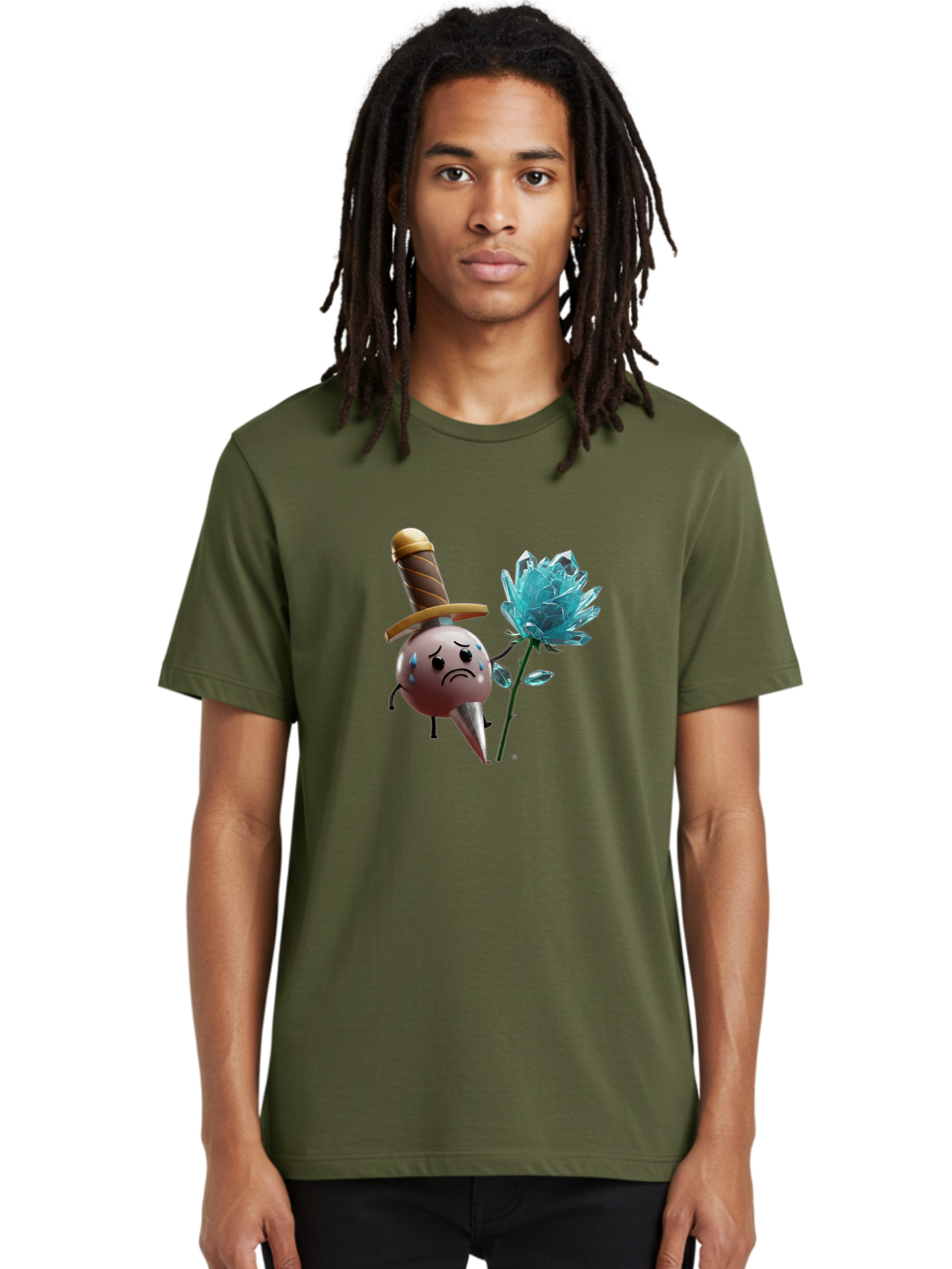 Sad-Bullet-Kin-With-Crystal-Flower Men'S Graphic Tee, 100% Cotton, Comfortable Casual Summer Wear, Machine Washable, Sad Bullet Kin, Crying Face, Blue Tears, Sword Hat, Crystal Flower, Cartoon Character, 3D Animation, Video Game Asset, Bae261