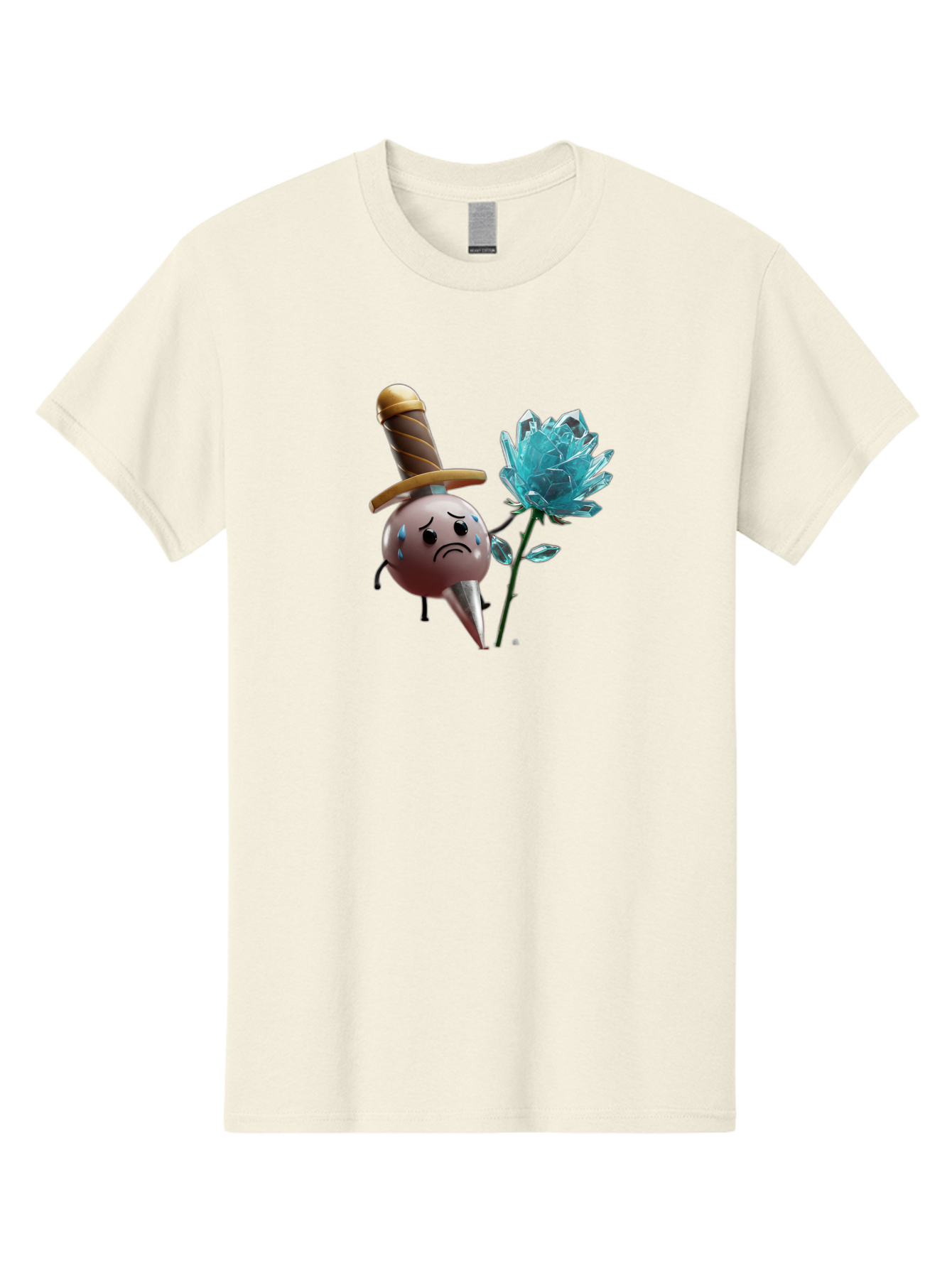 Sad-Bullet-Kin-With-Crystal-Flower Men'S Graphic Tee, 100% Cotton, Comfortable Casual Summer Wear, Machine Washable, Sad Bullet Kin, Crying Face, Blue Tears, Sword Hat, Crystal Flower, Cartoon Character, 3D Animation, Video Game Asset, Bae261