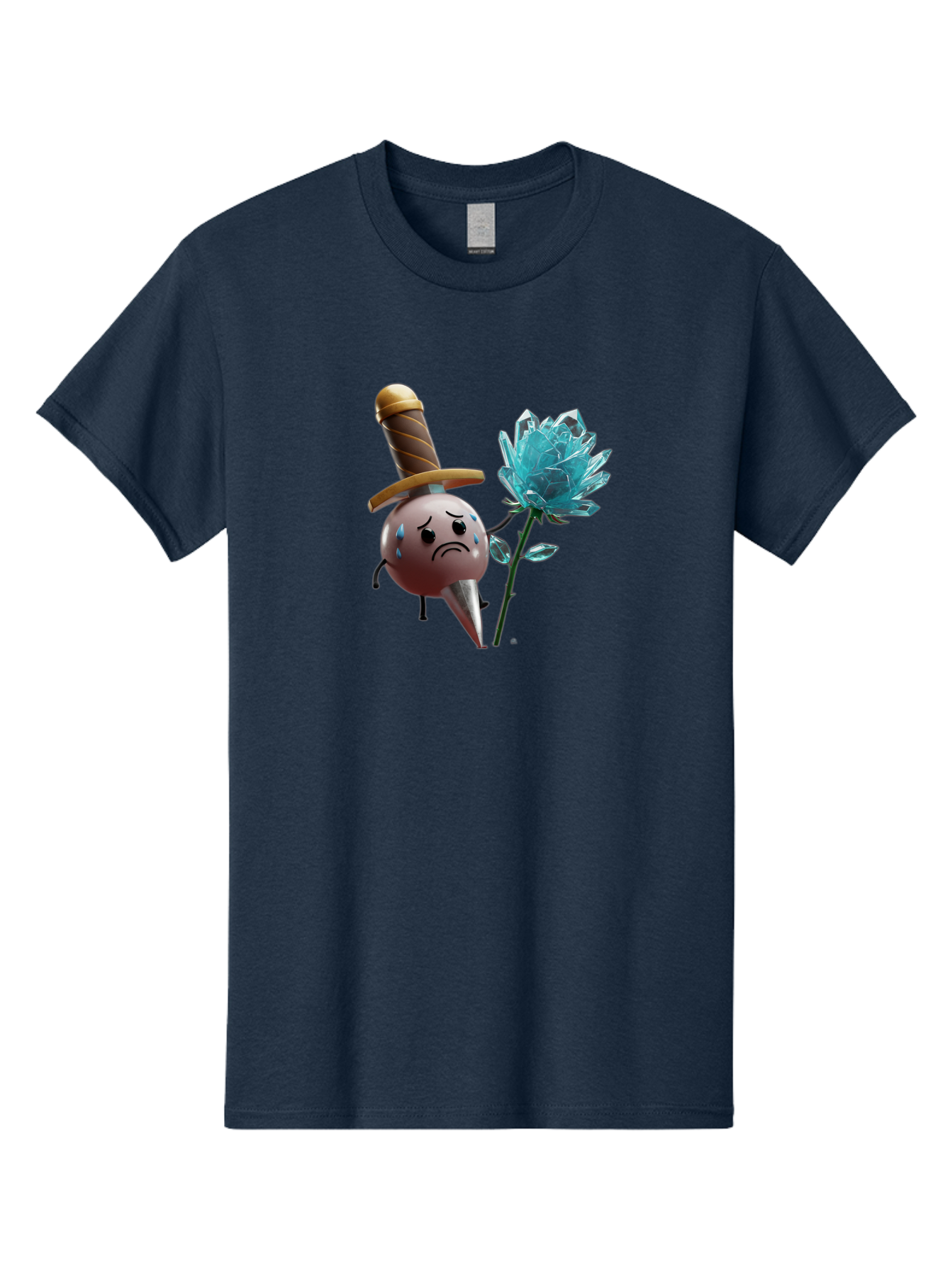 Sad-Bullet-Kin-With-Crystal-Flower Men'S Graphic Tee, 100% Cotton, Comfortable Casual Summer Wear, Machine Washable, Sad Bullet Kin, Crying Face, Blue Tears, Sword Hat, Crystal Flower, Cartoon Character, 3D Animation, Video Game Asset, Bae261