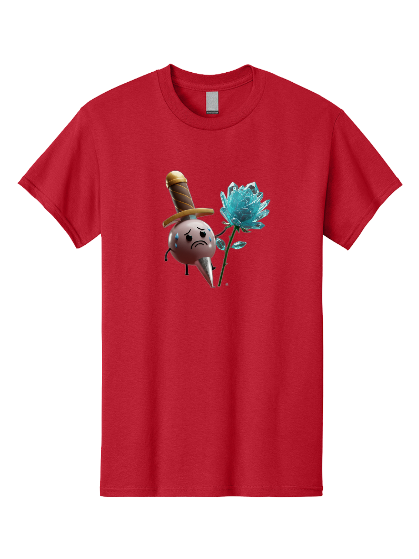 Sad-Bullet-Kin-With-Crystal-Flower Men'S Graphic Tee, 100% Cotton, Comfortable Casual Summer Wear, Machine Washable, Sad Bullet Kin, Crying Face, Blue Tears, Sword Hat, Crystal Flower, Cartoon Character, 3D Animation, Video Game Asset, Bae261