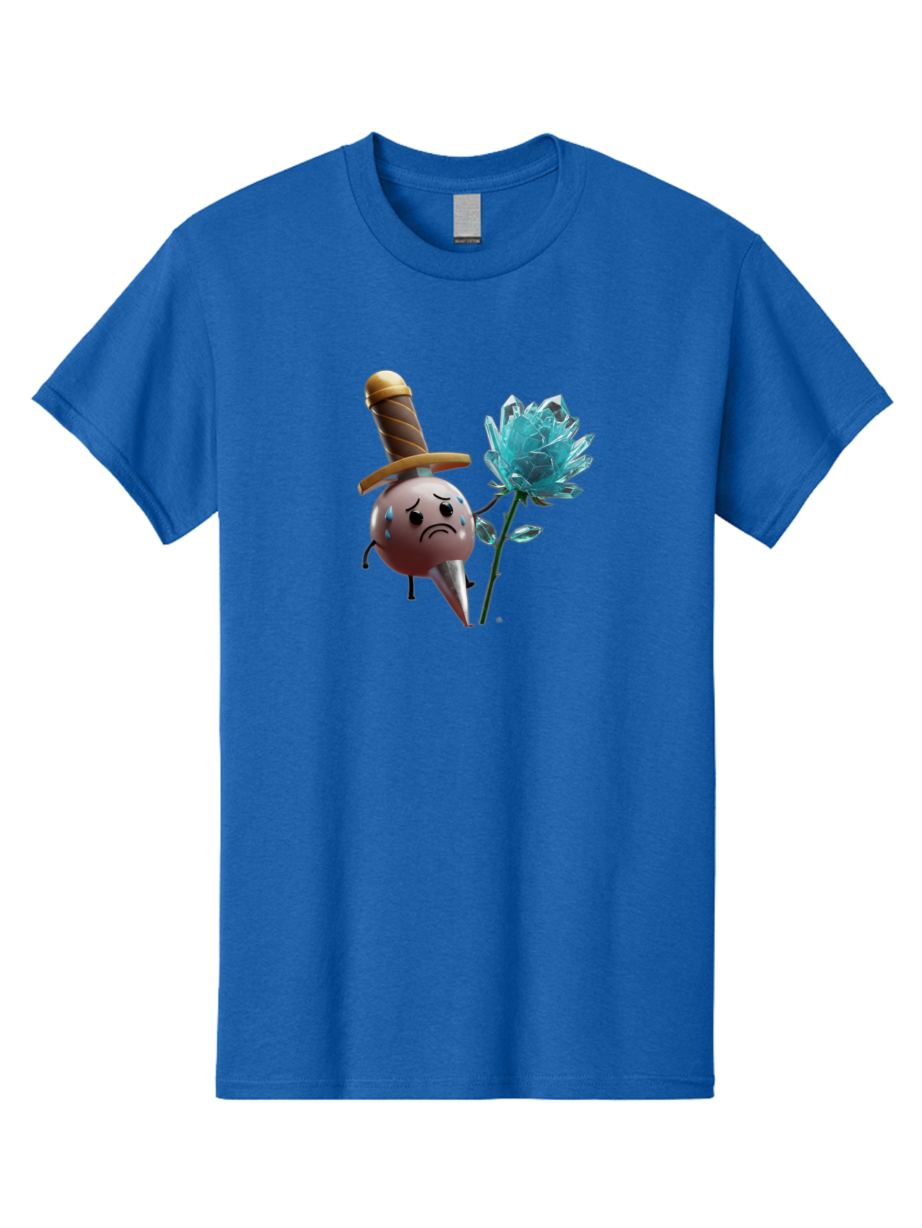 Sad-Bullet-Kin-With-Crystal-Flower Men'S Graphic Tee, 100% Cotton, Comfortable Casual Summer Wear, Machine Washable, Sad Bullet Kin, Crying Face, Blue Tears, Sword Hat, Crystal Flower, Cartoon Character, 3D Animation, Video Game Asset, Bae261